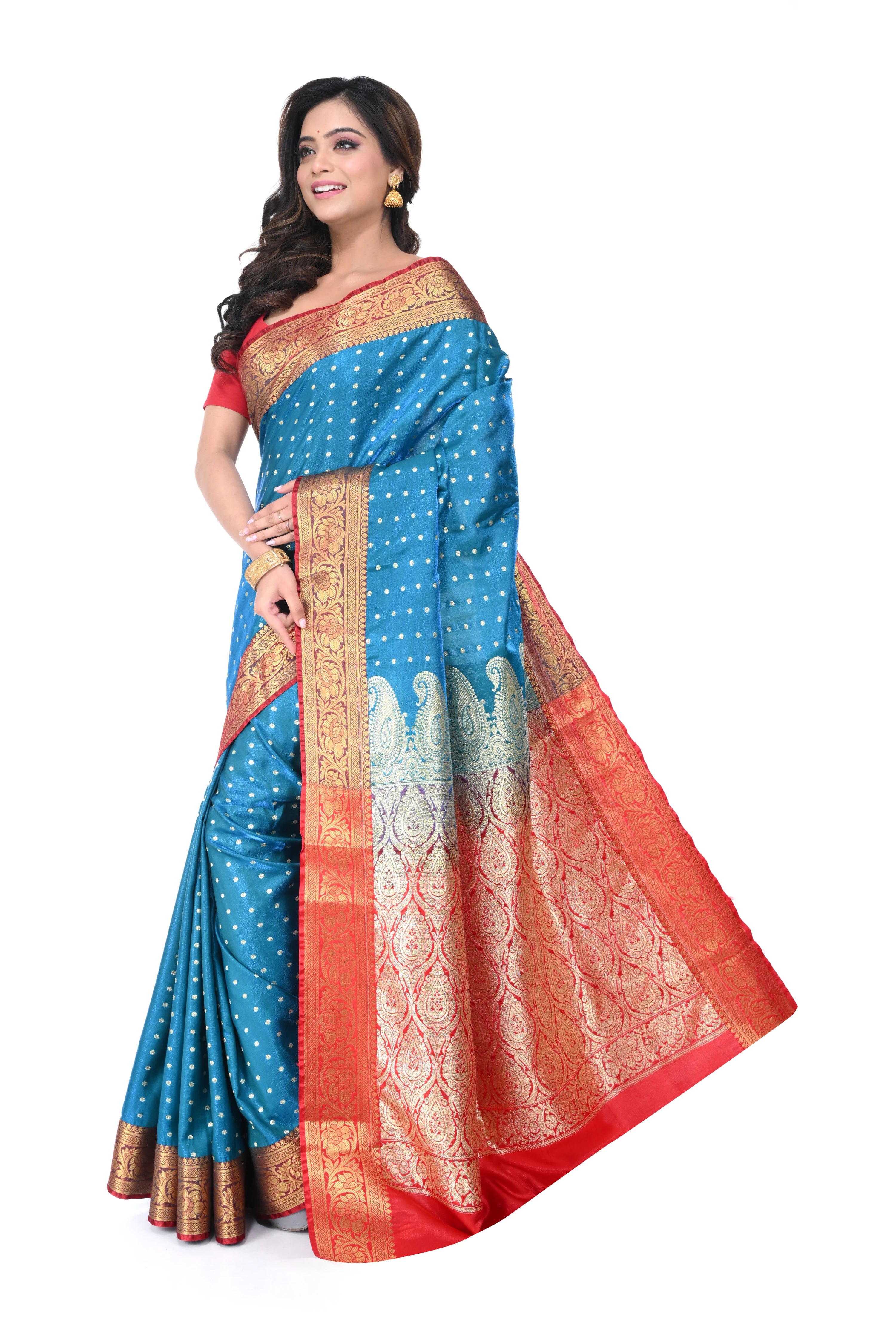 Firozi Satin Benarasi Saree with Red Border & Zari Pallu