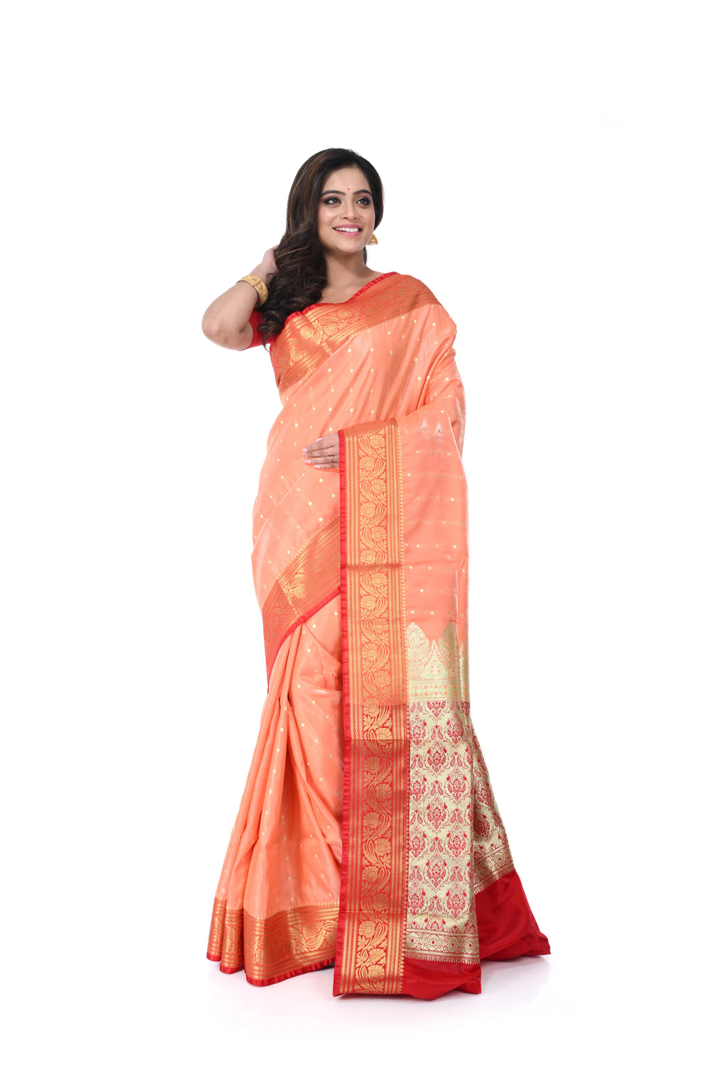 Pink Satin Benarasi Saree with Red Border & Zari Pallu