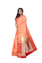 Pink Satin Benarasi Saree with Red Border & Zari Pallu