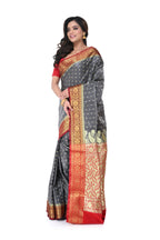 Charcoal Grey Satin Benarasi Saree with Red Border & Zari Pallu