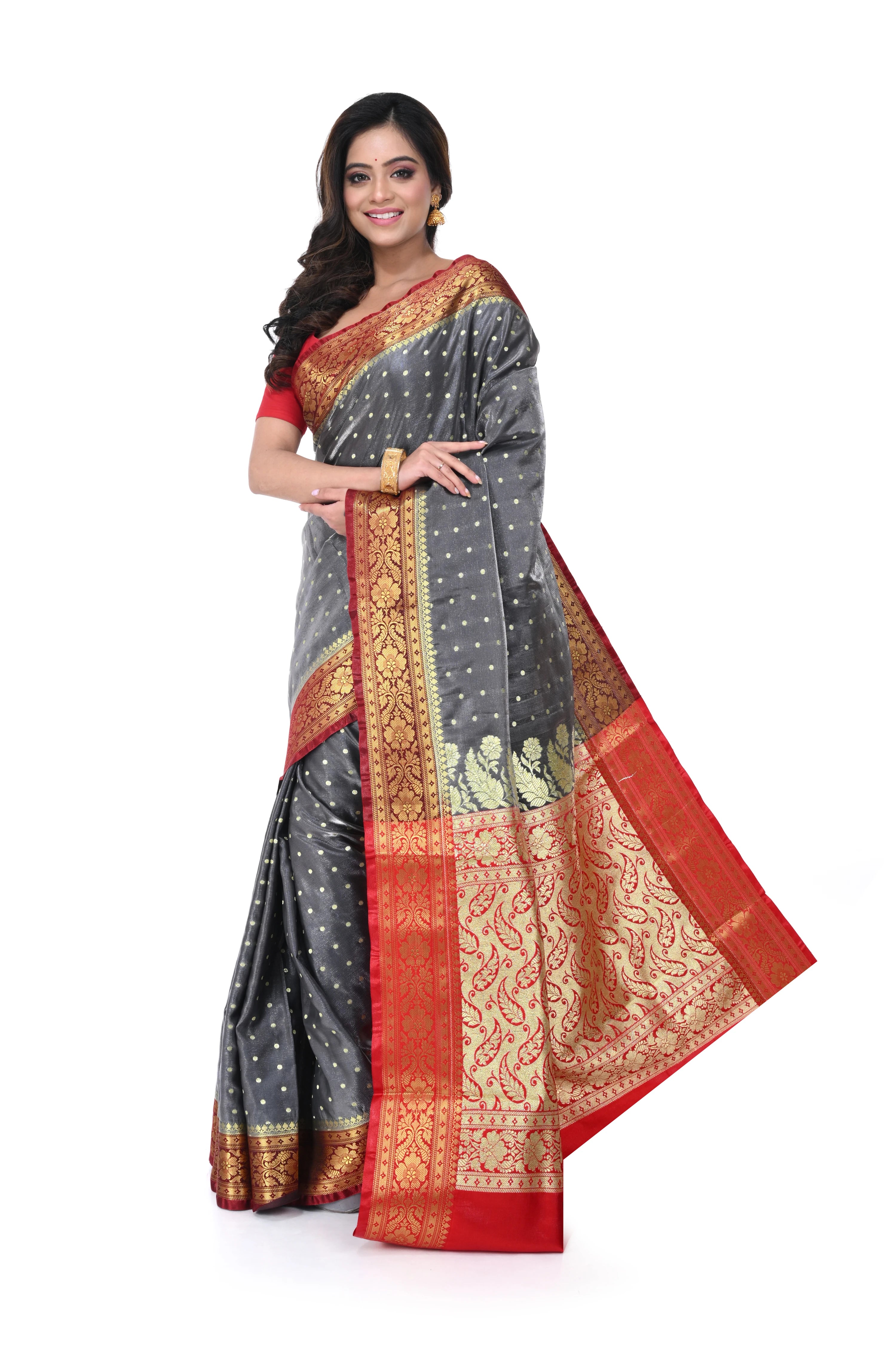 Charcoal Grey Satin Benarasi Saree with Red Border & Zari Pallu