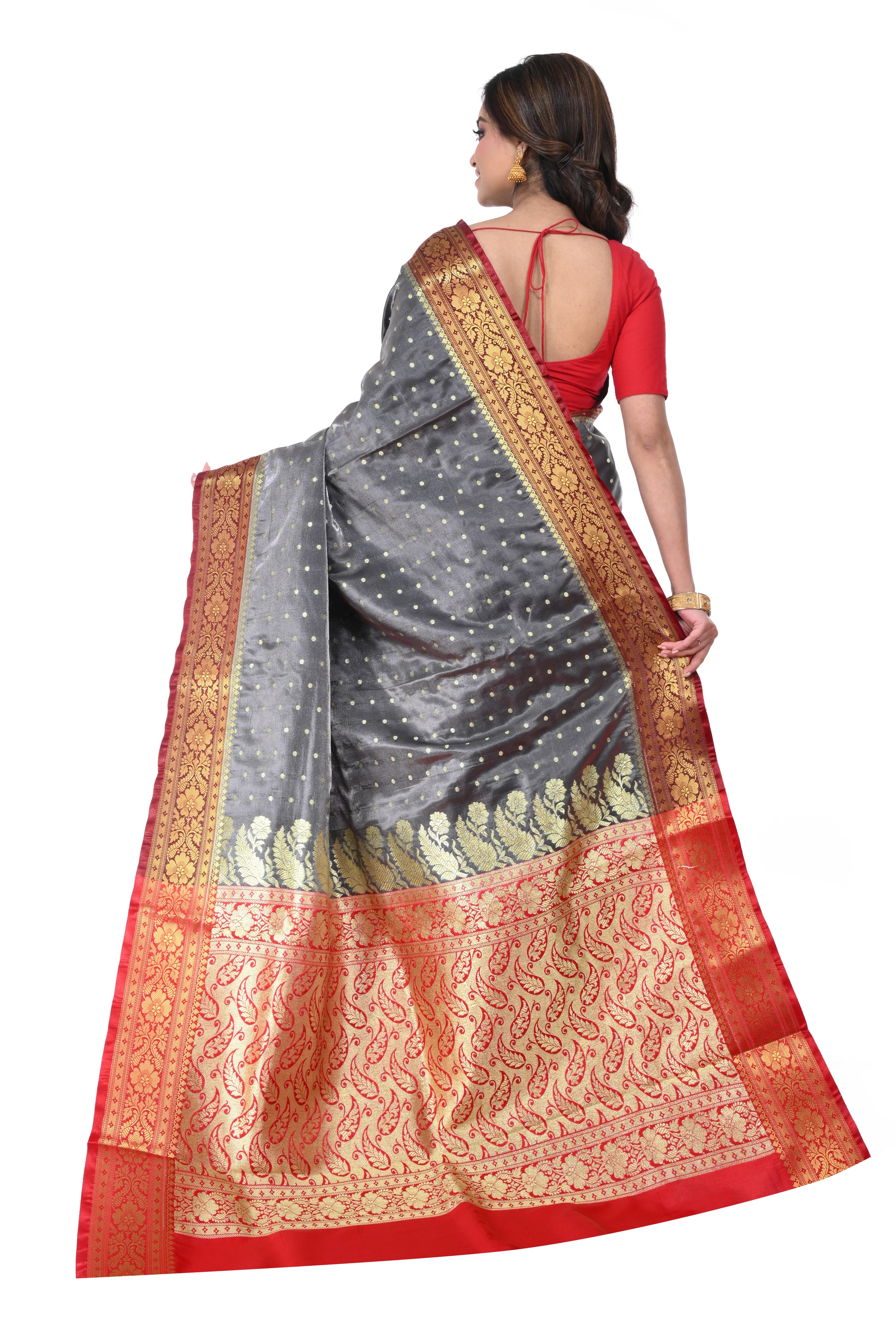 Charcoal Grey Satin Benarasi Saree with Red Border & Zari Pallu