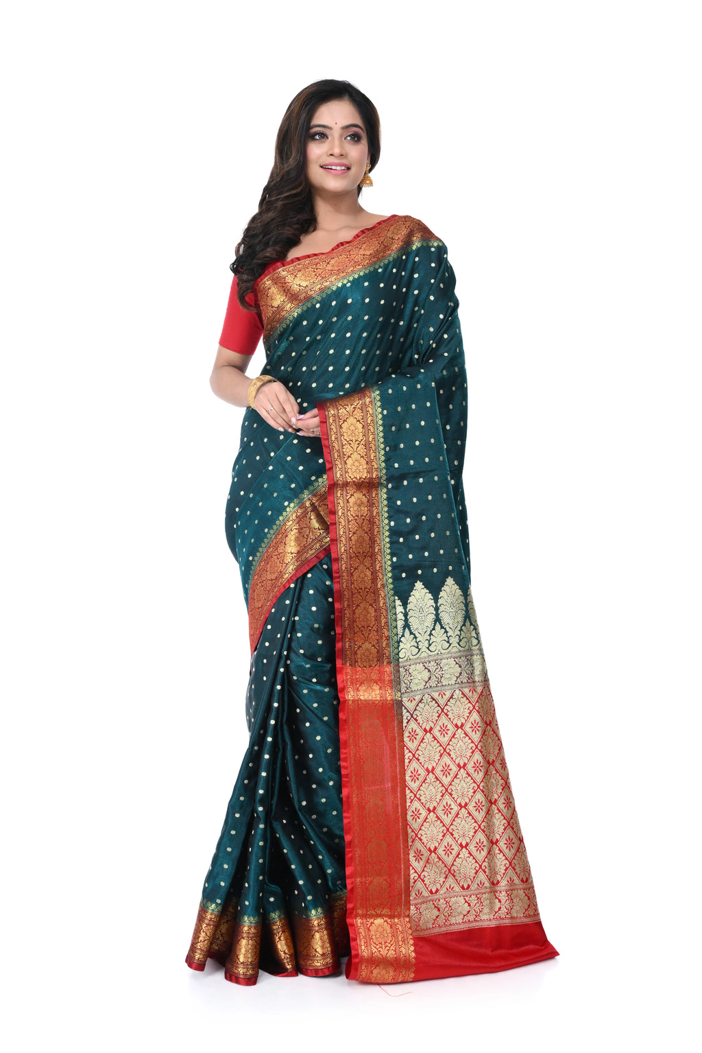 Bright Green Satin Benarasi Saree with Red Border & Zari Pallu