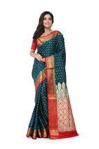 Bright Green Satin Benarasi Saree with Red Border & Zari Pallu