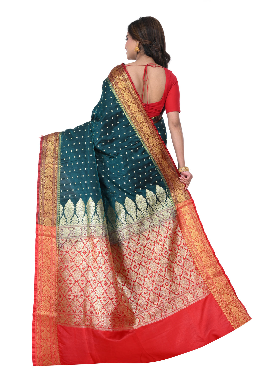 Bright Green Satin Benarasi Saree with Red Border & Zari Pallu