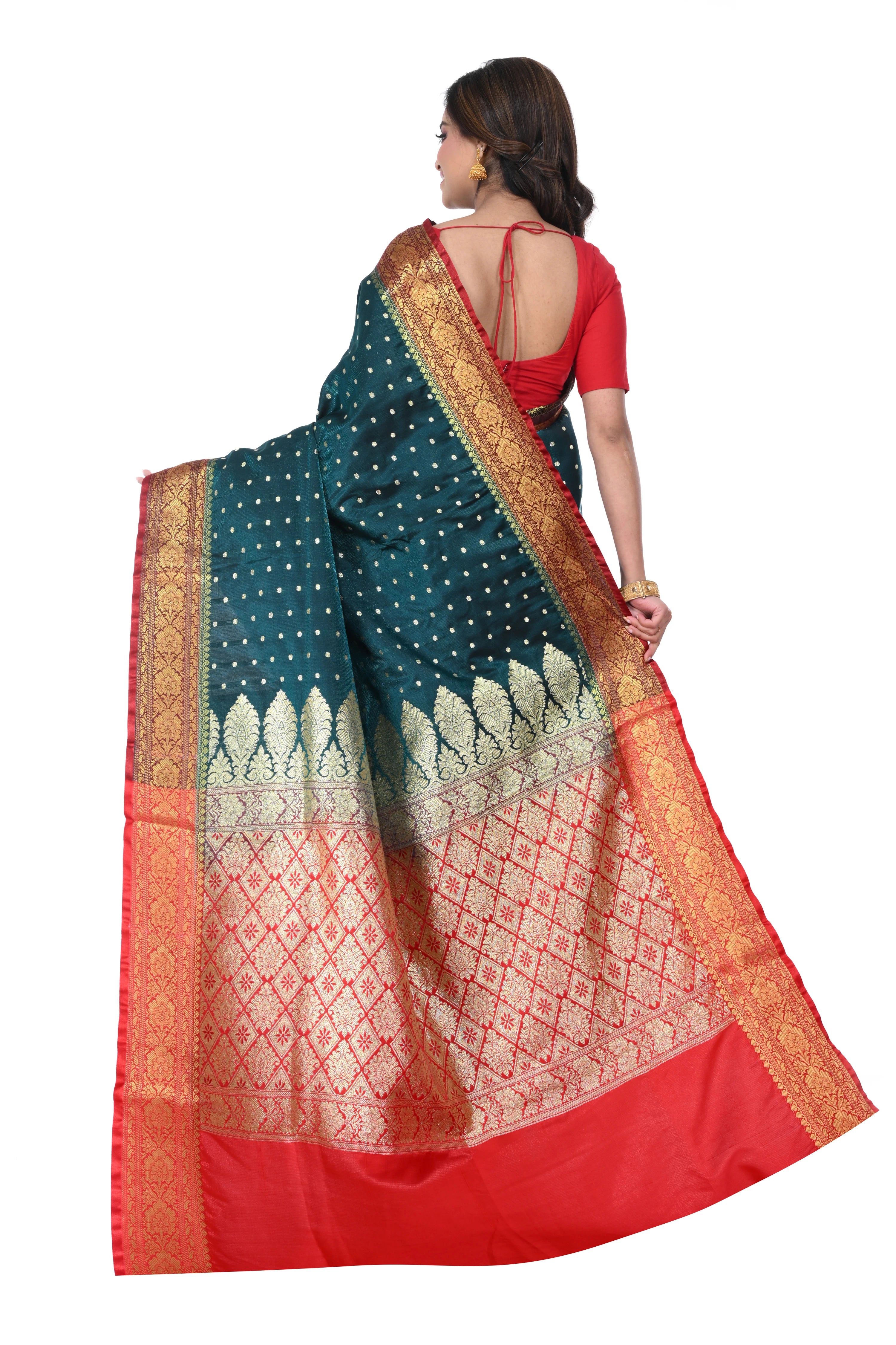 Bright Green Satin Benarasi Saree with Red Border & Zari Pallu