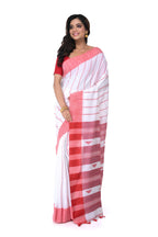 White Cotton Handloom Saree with Red Border & Vertical Weaving Pattern