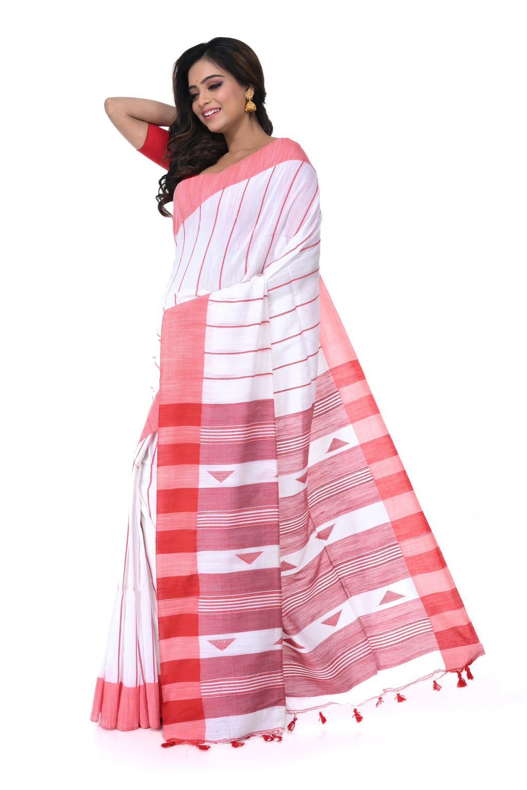 White Cotton Handloom Saree with Red Border & Vertical Weaving Pattern