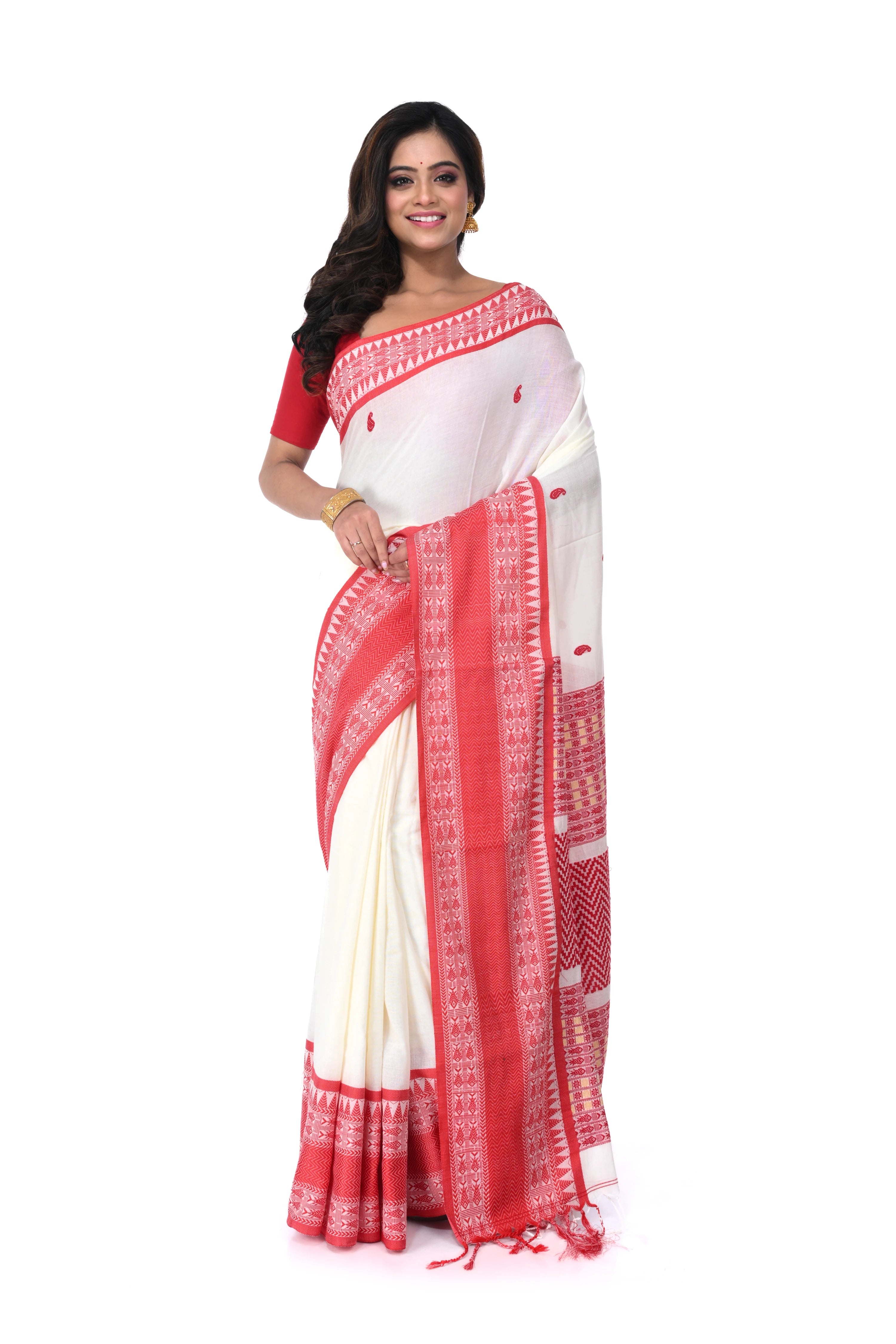 Red & White Premium Cotton Handloom Saree with Maha Par Thread Work