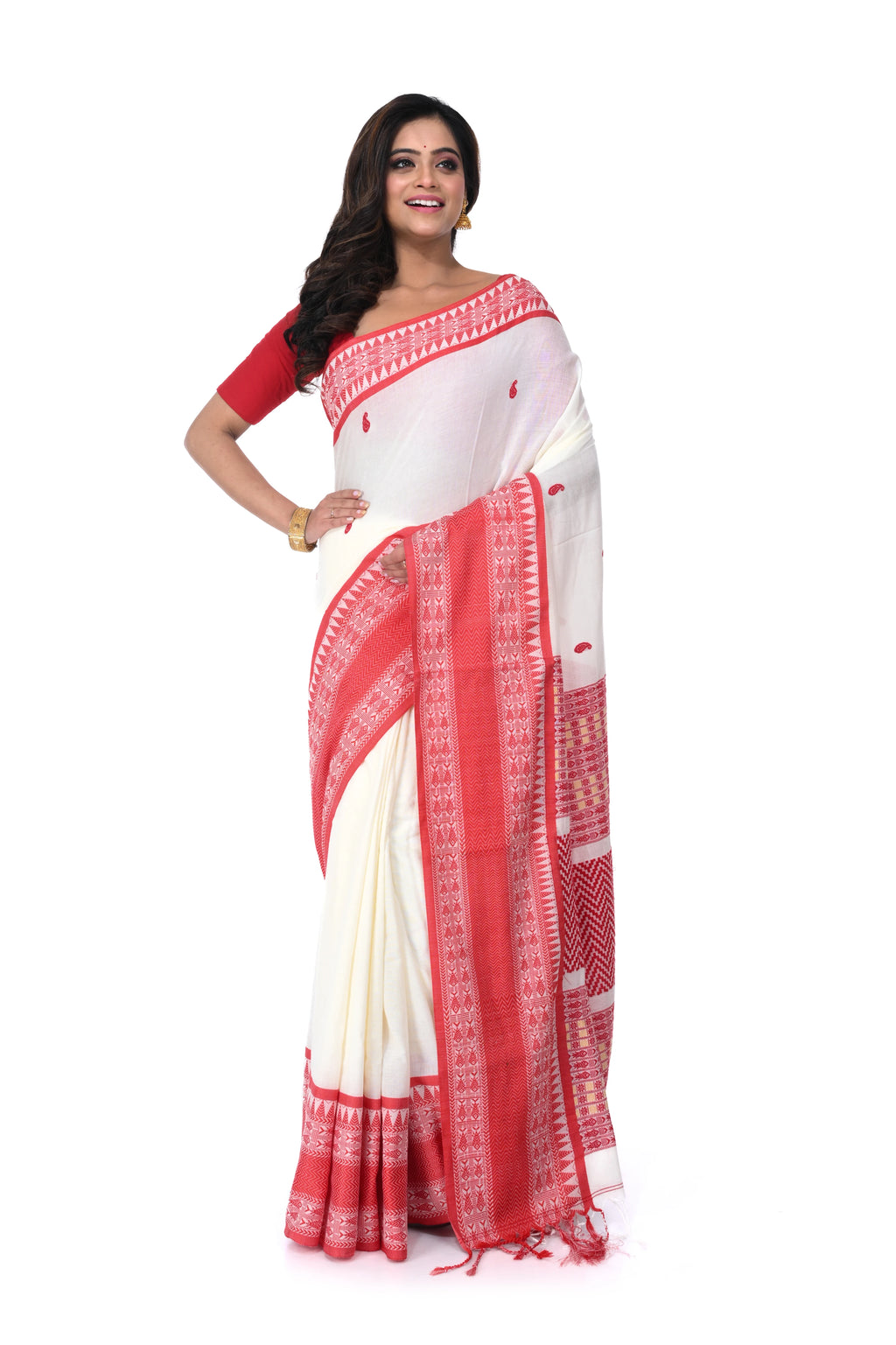 Red & White Premium Cotton Handloom Saree with Maha Par Thread Work