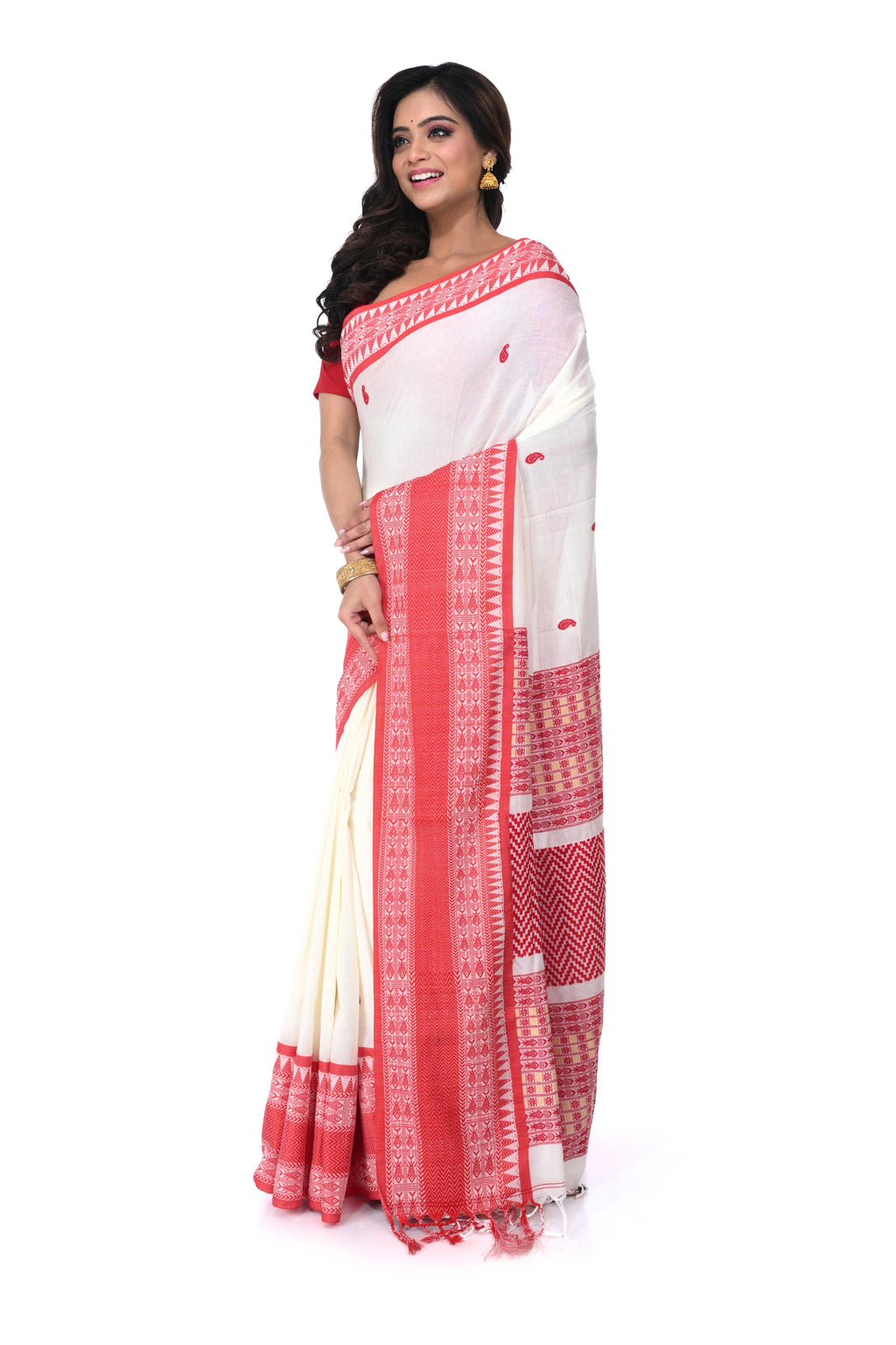 Red & White Premium Cotton Handloom Saree with Maha Par Thread Work