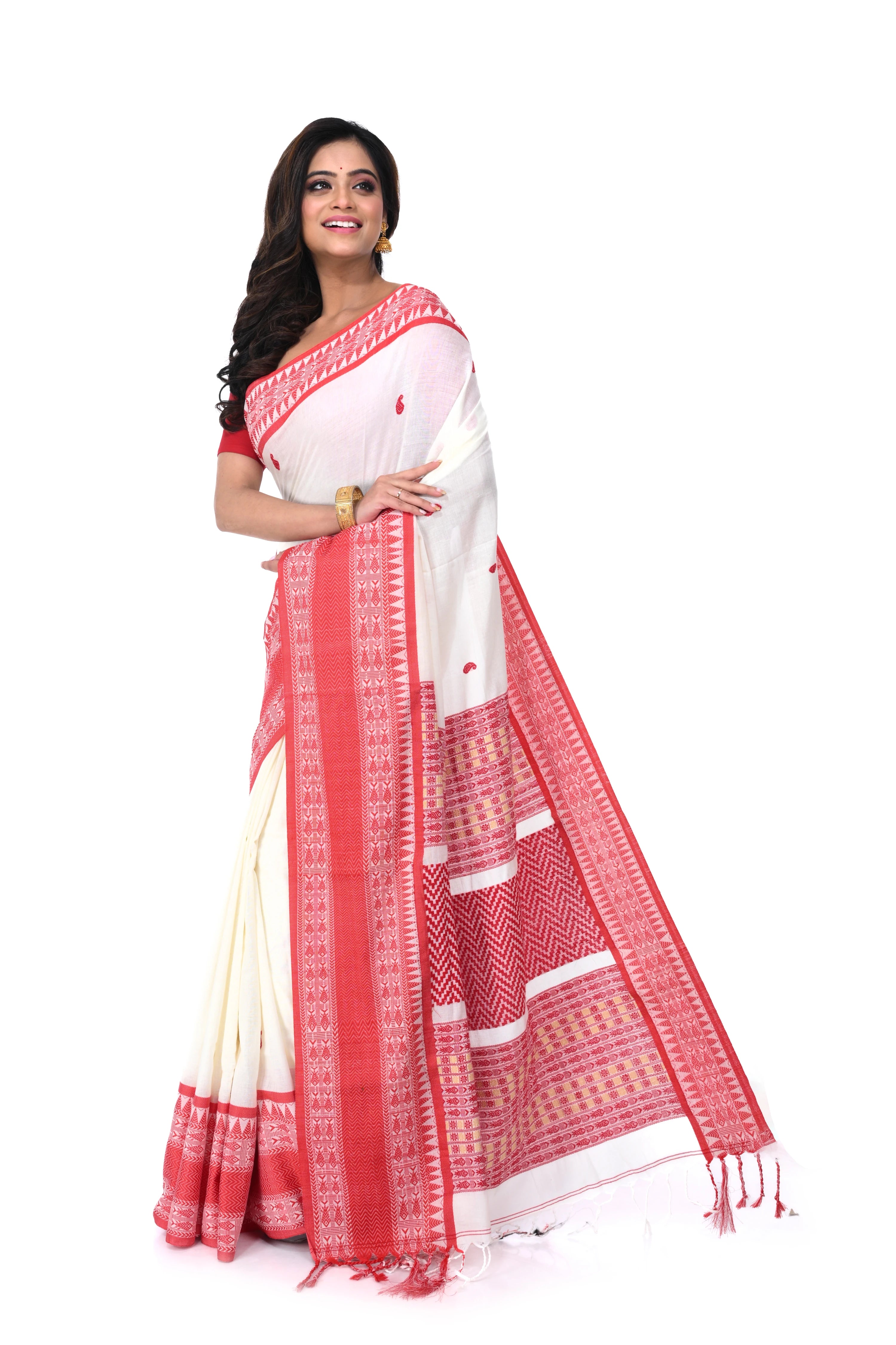Red & White Premium Cotton Handloom Saree with Maha Par Thread Work