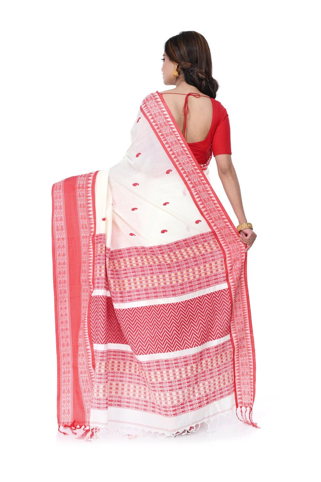 Red & White Premium Cotton Handloom Saree with Maha Par Thread Work