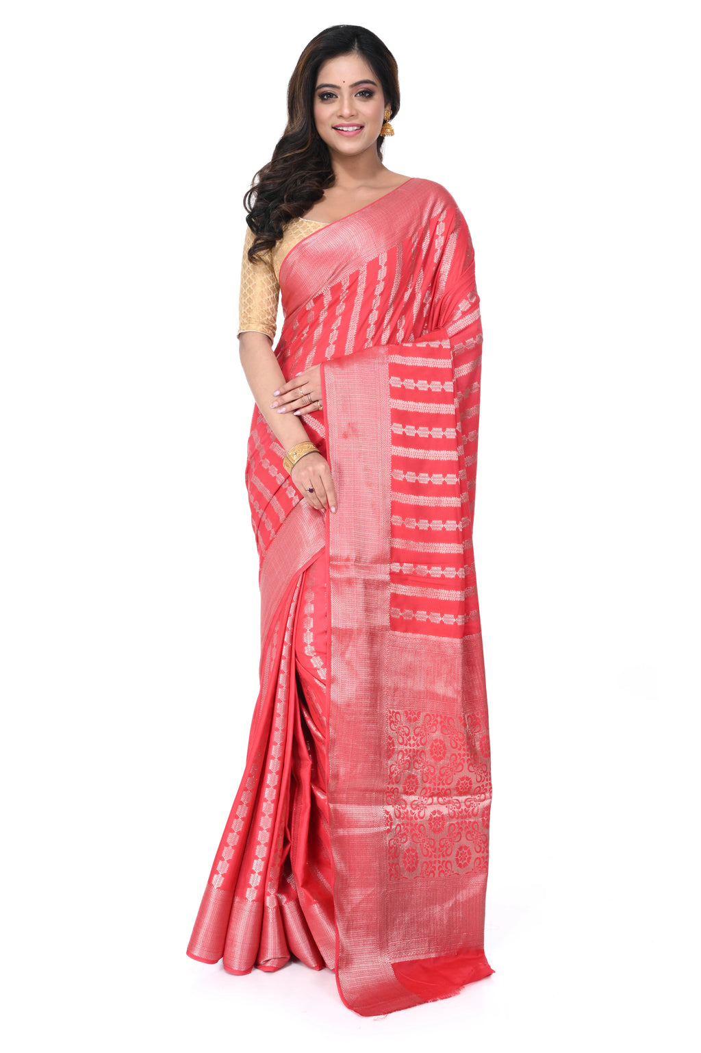 Pink - Red Benarasi Silk Saree with Zari Laheria Pattern