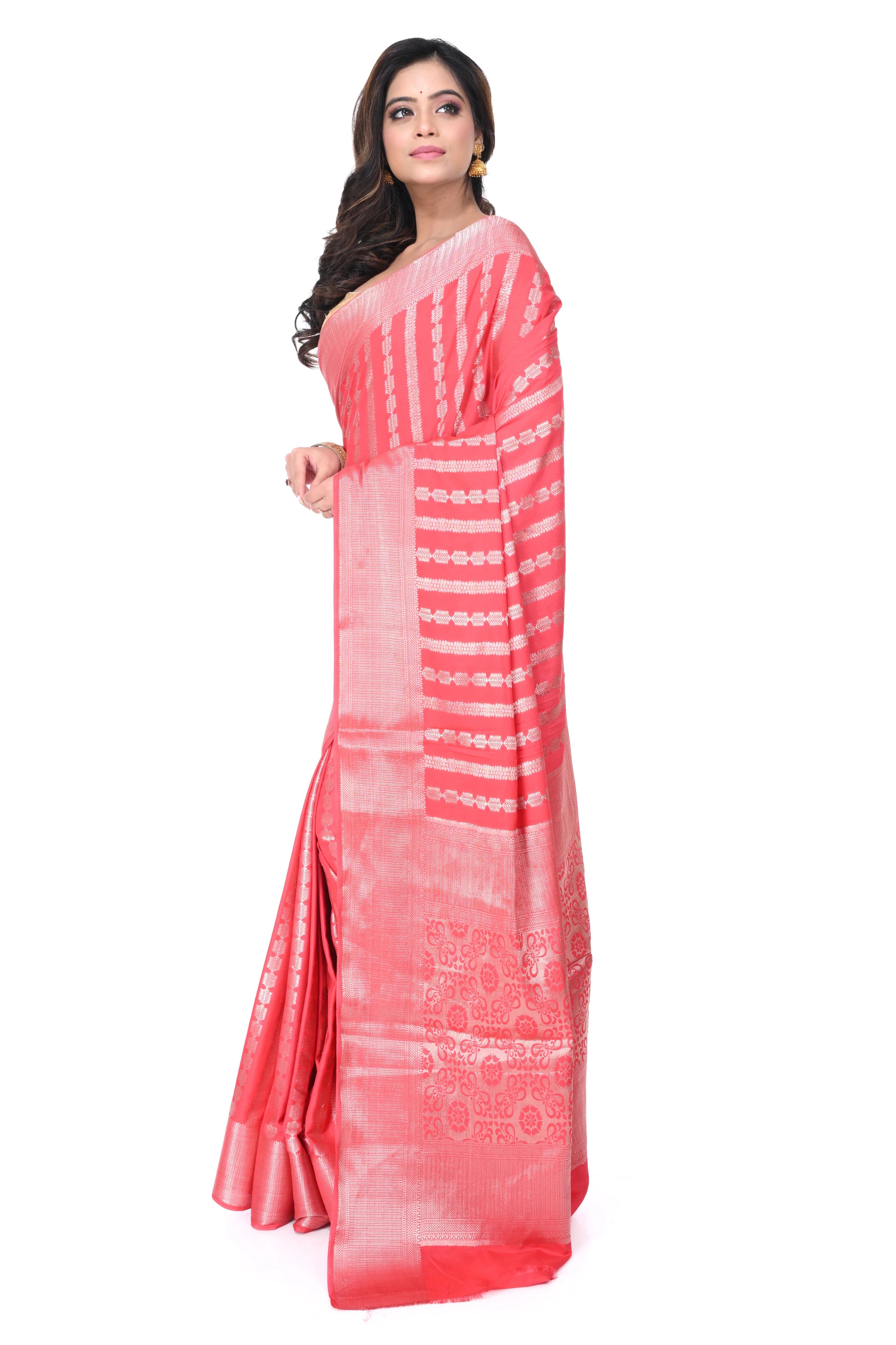 Pink - Red Benarasi Silk Saree with Zari Laheria Pattern