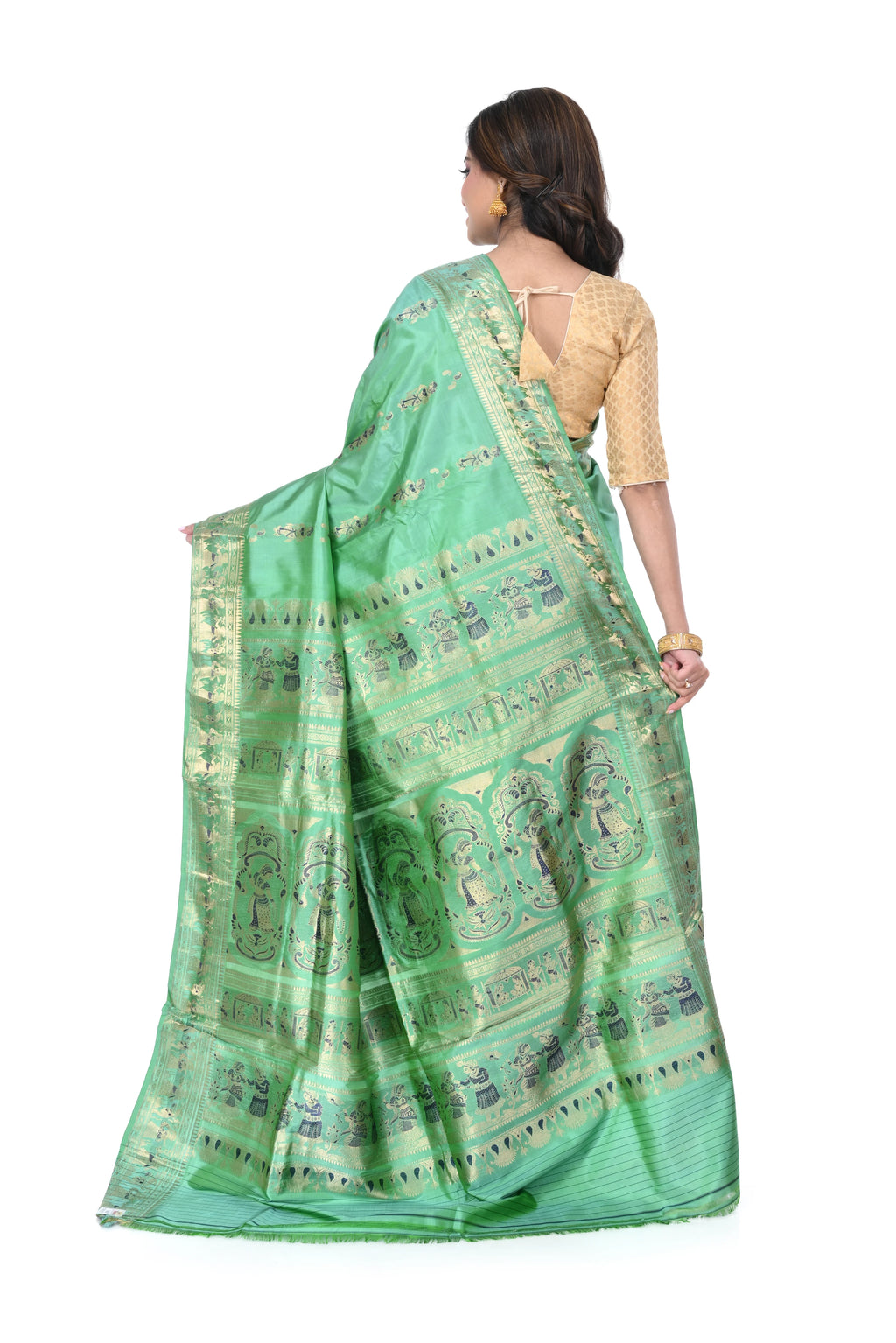 Pista Green Swarnachari Saree with Blue Meenakari Work