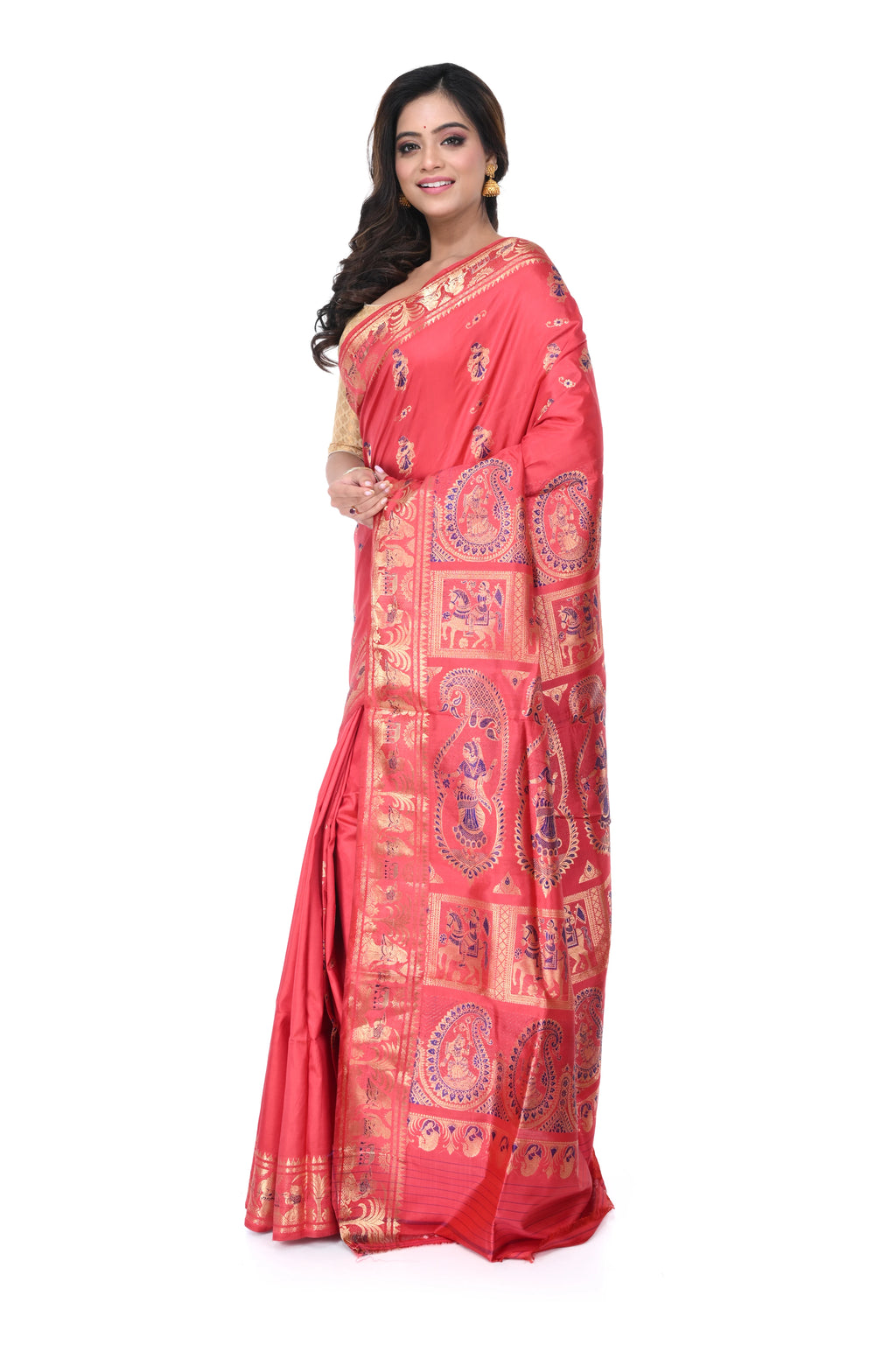 Orange - Pink Dual Tone Swarnachari Saree with Blue Meenakari Work