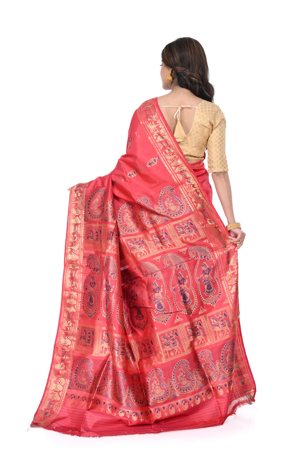 Orange - Pink Dual Tone Swarnachari Saree with Blue Meenakari Work