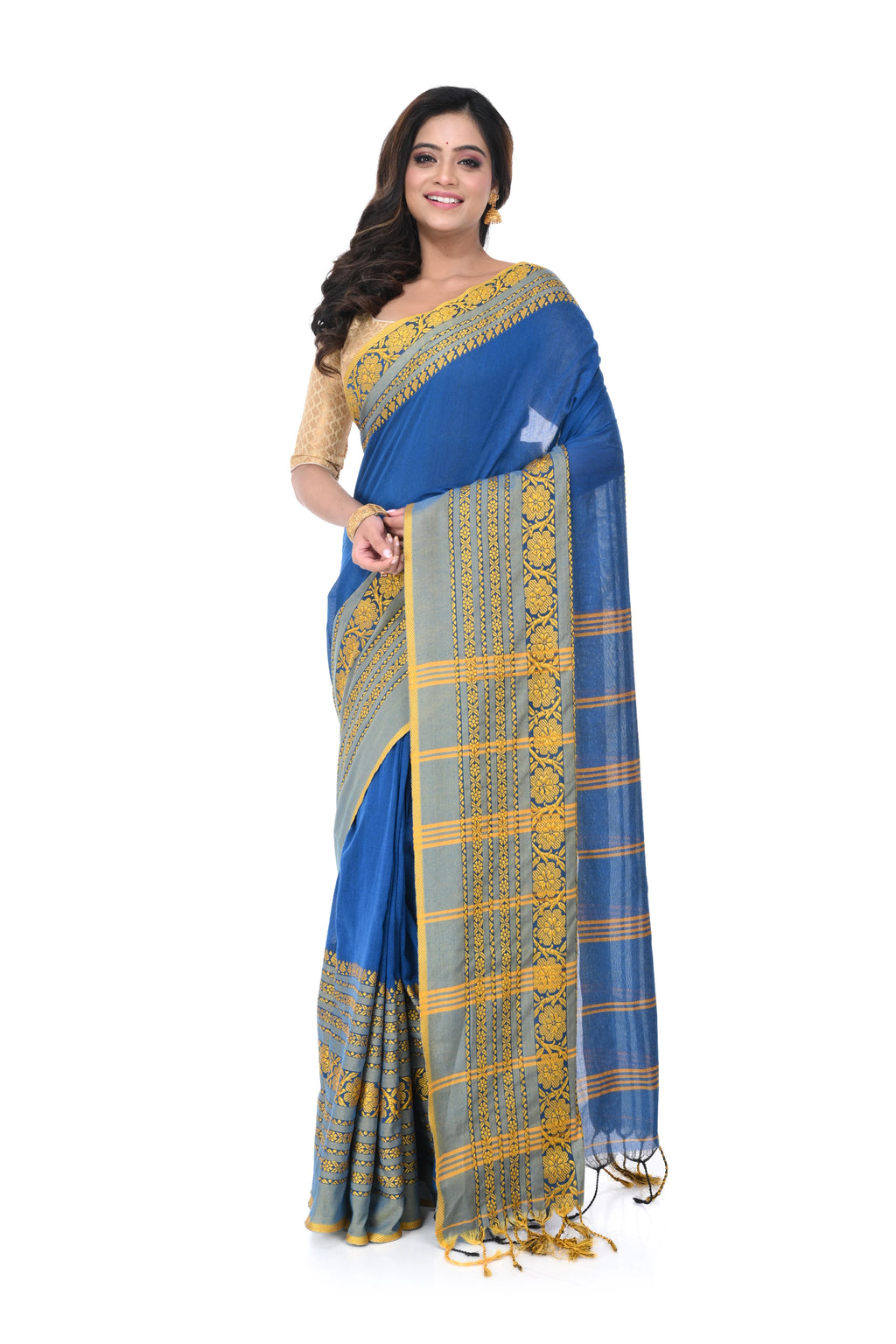 Peacock Blue Cotton Handloom Saree with Muga Par