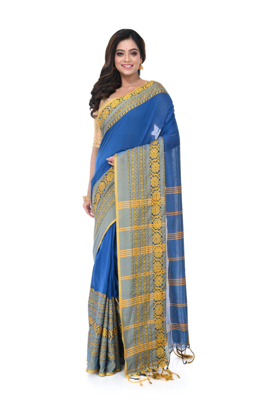 Peacock Blue Cotton Handloom Saree with Muga Par