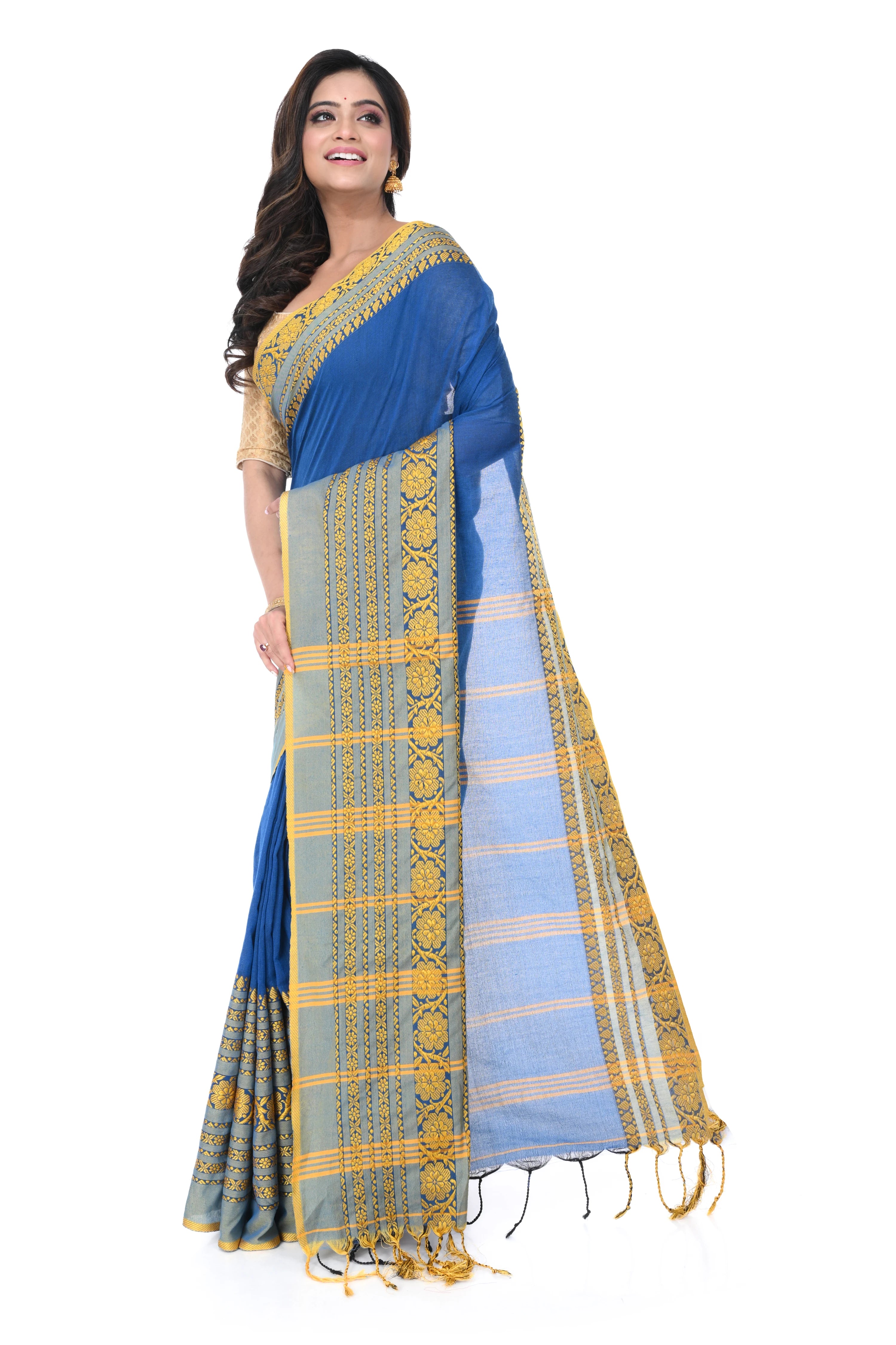 Peacock Blue Cotton Handloom Saree with Muga Par