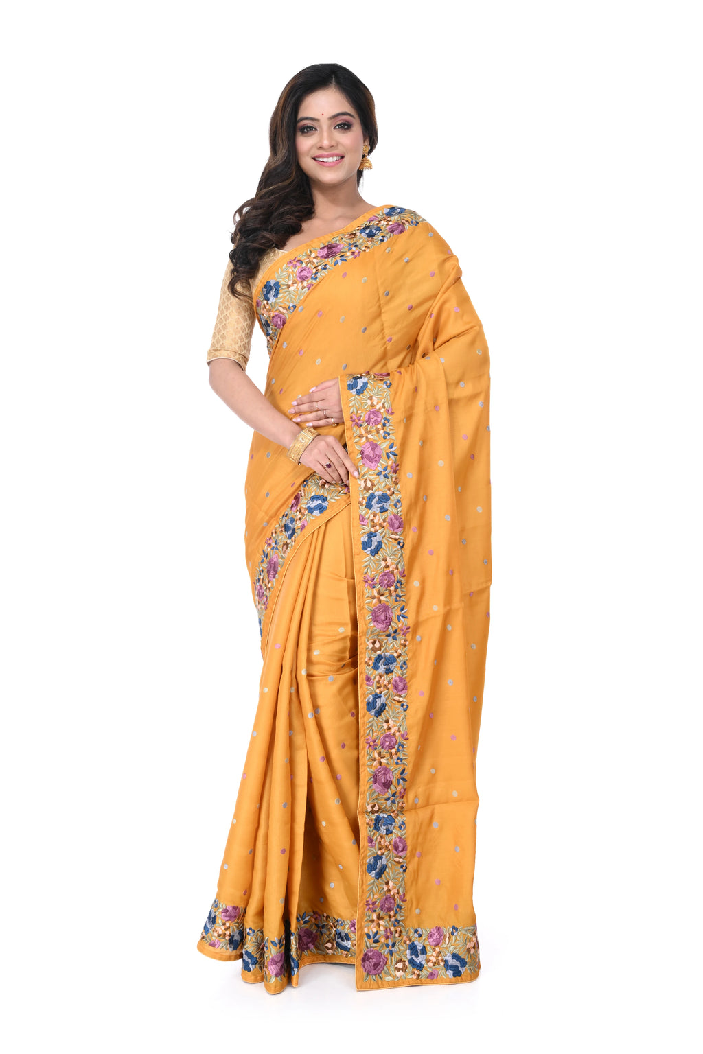 Semi Tussar Saree in Golden Yellow with Parshi Work