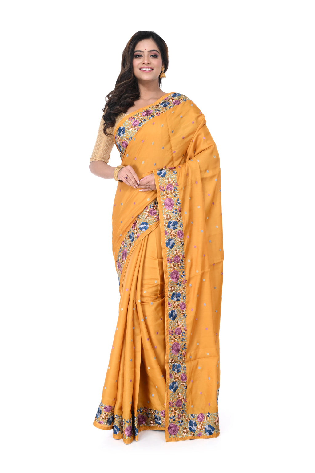 Semi Tussar Saree in Golden Yellow with Parshi Work