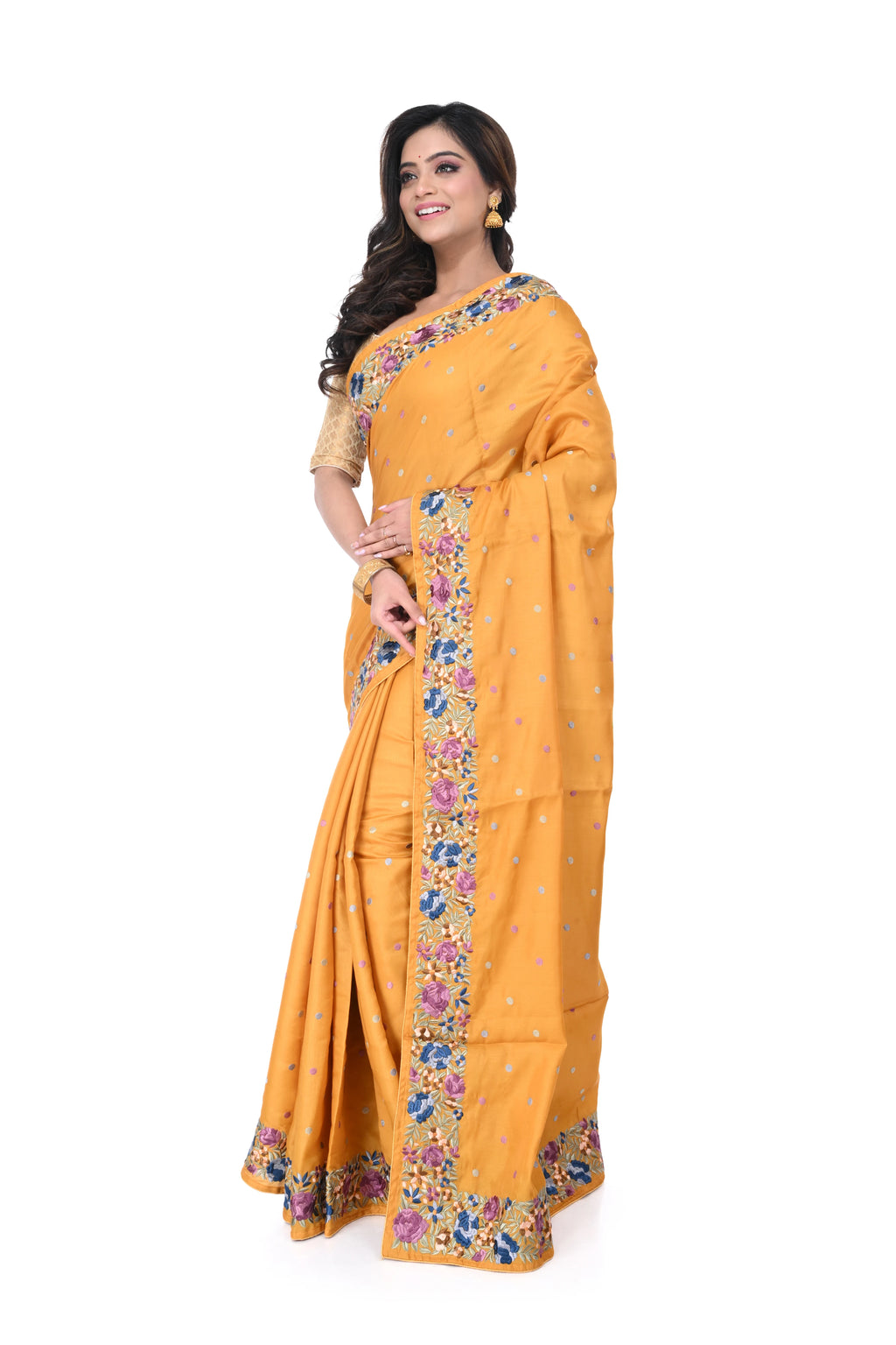 Semi Tussar Saree in Golden Yellow with Parshi Work