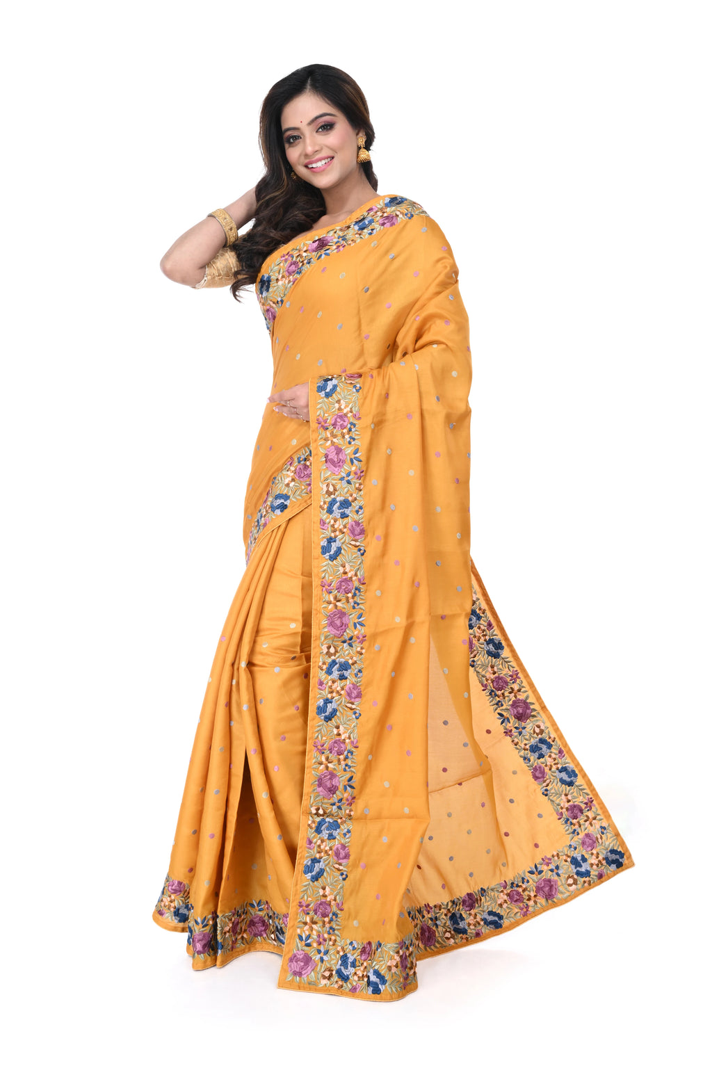 Semi Tussar Saree in Golden Yellow with Parshi Work