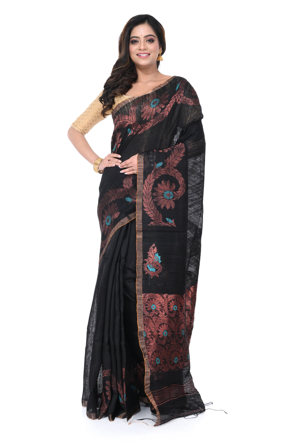 Black Matka Silk Saree with Copper Zari Work