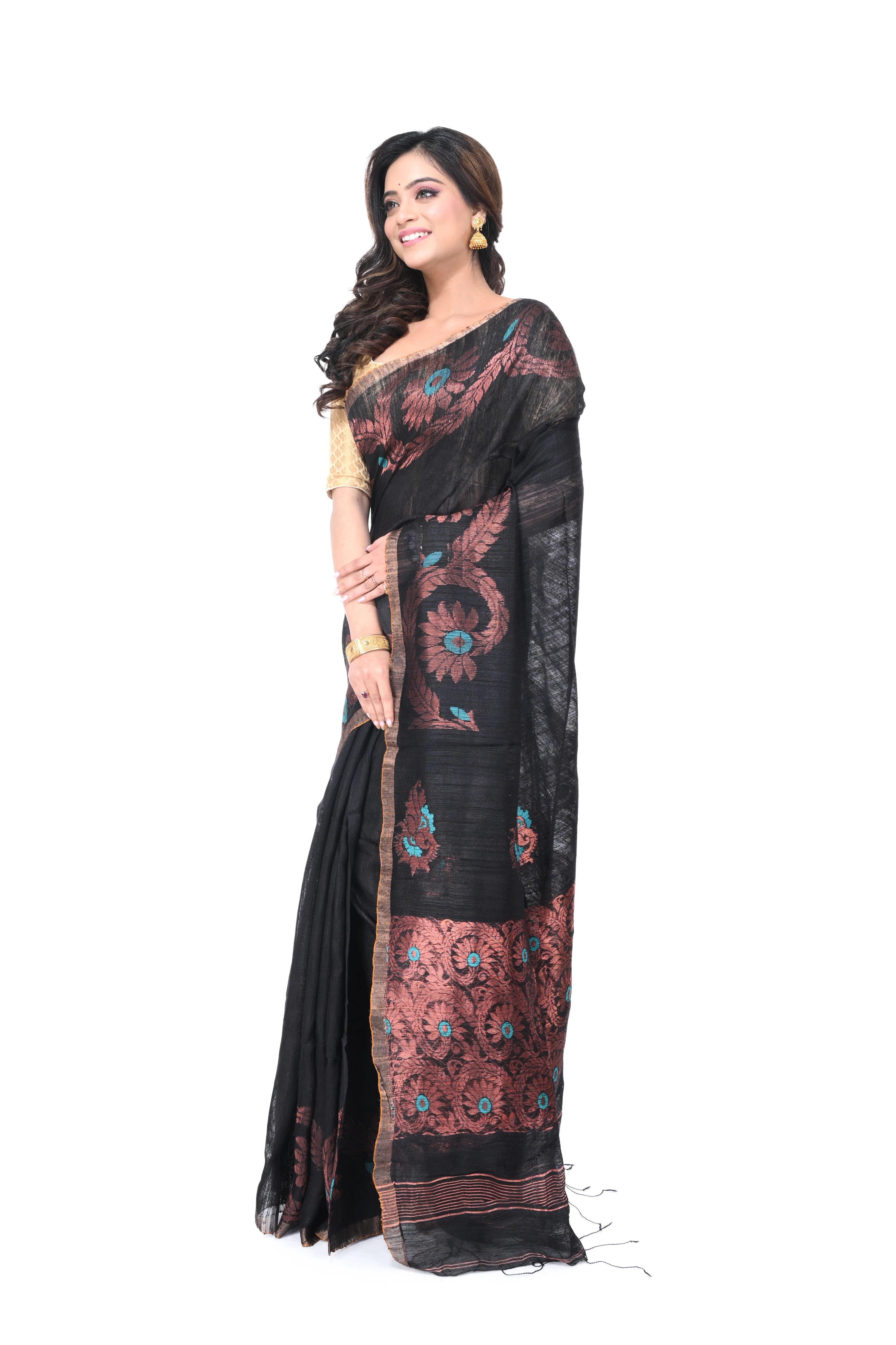 Black Matka Silk Saree with Copper Zari Work