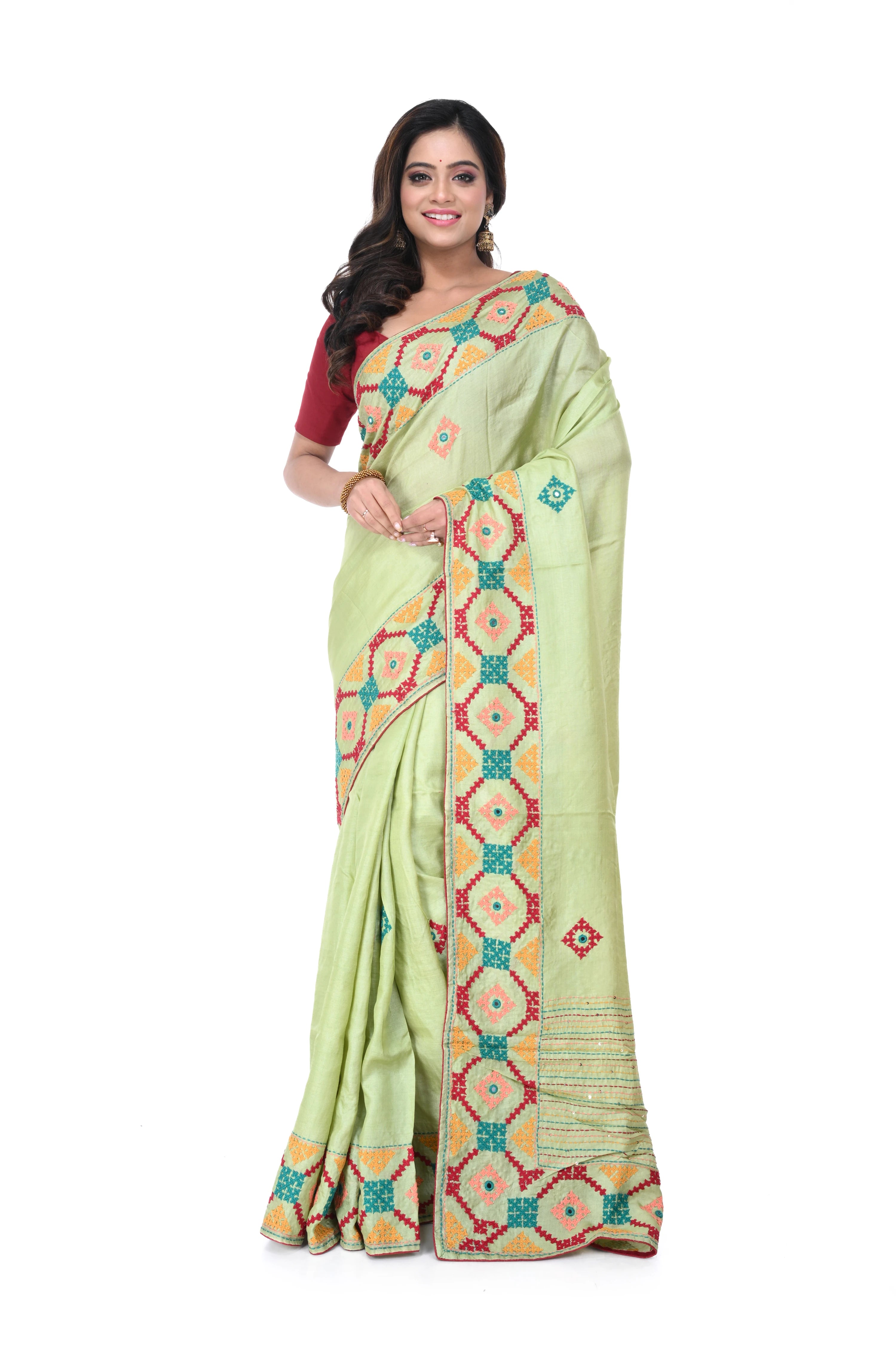 Pista Green Pure Tussar Saree with Hand - Gujarati Work