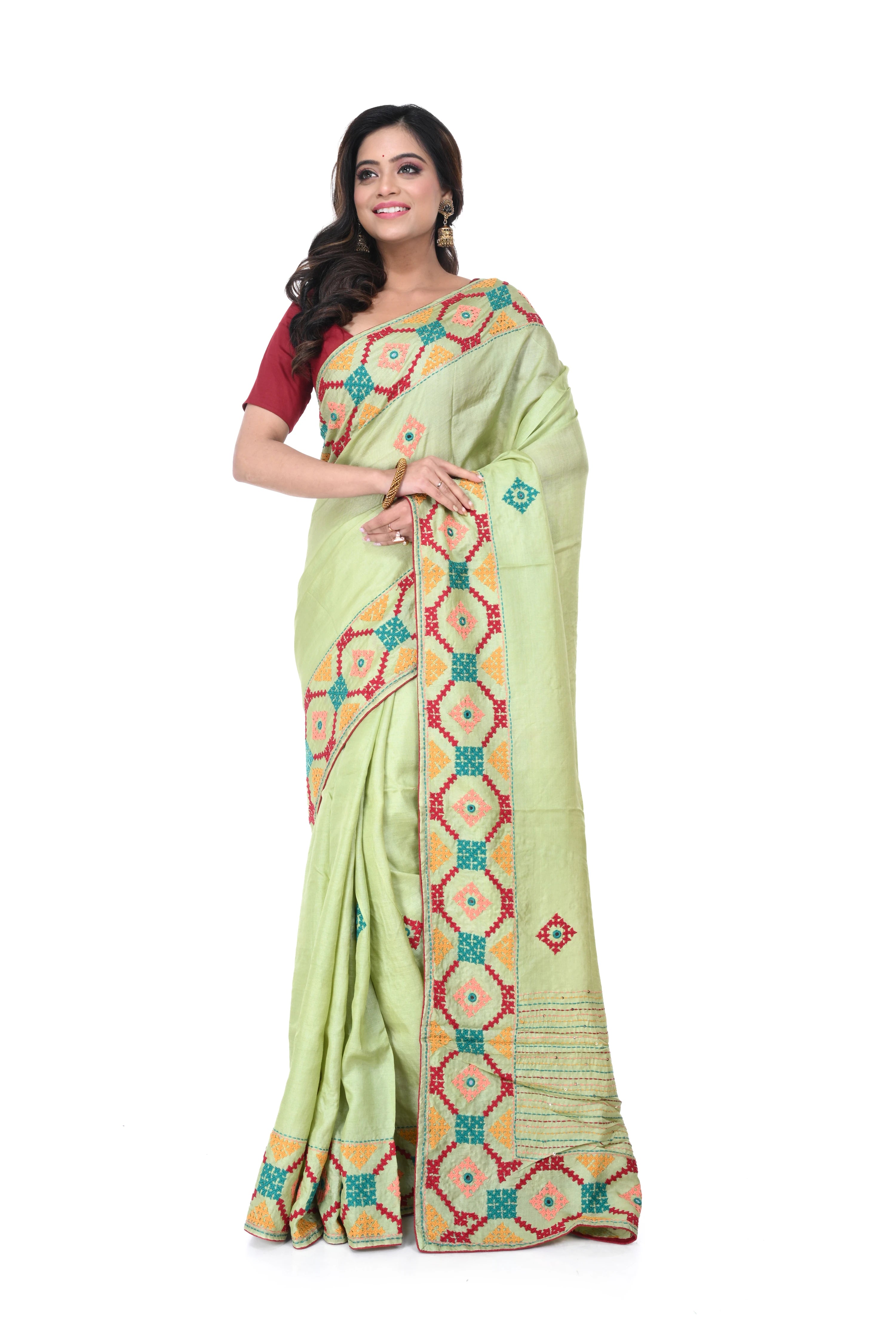 Pista Green Pure Tussar Saree with Hand - Gujarati Work