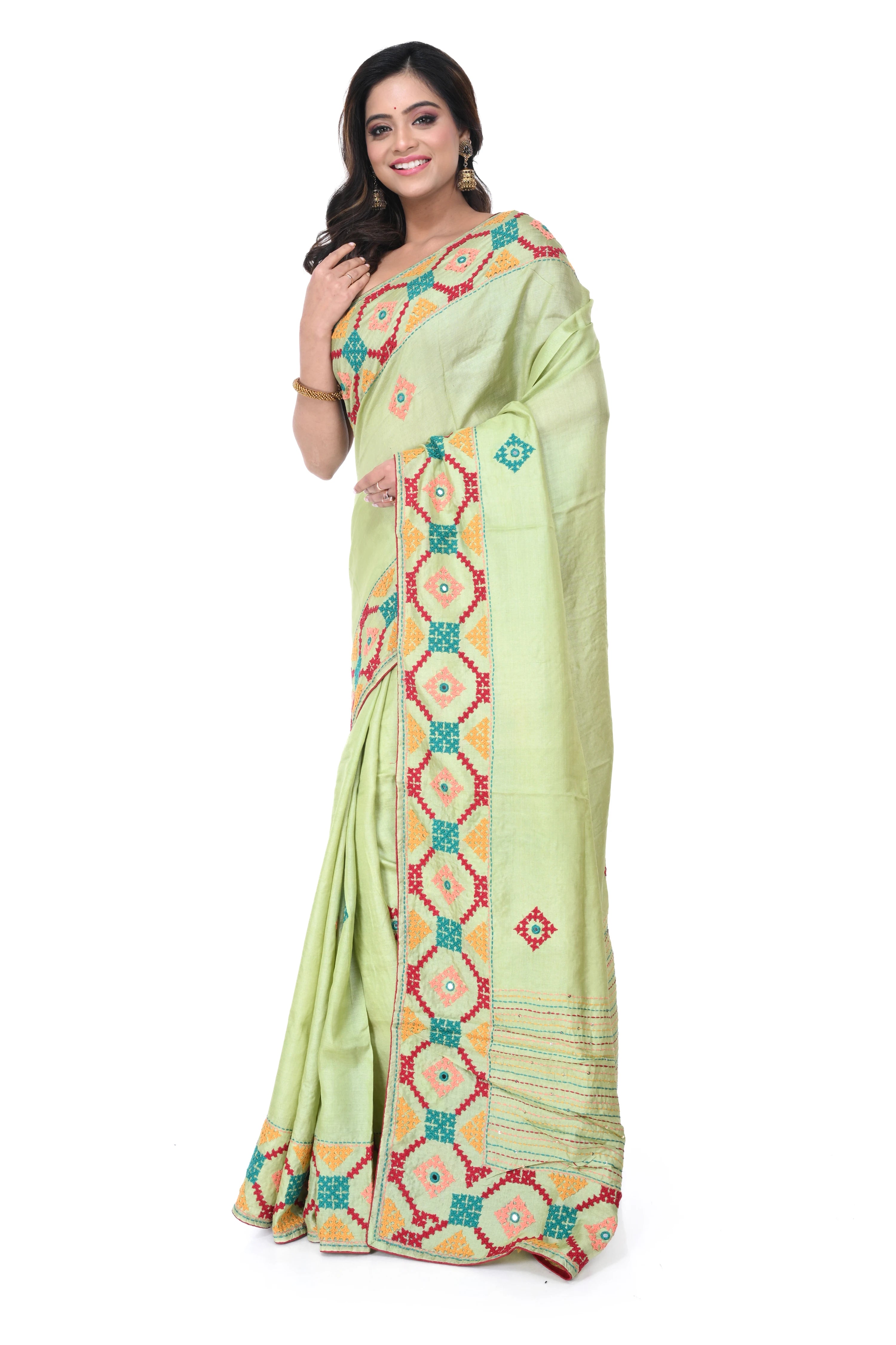 Pista Green Pure Tussar Saree with Hand - Gujarati Work