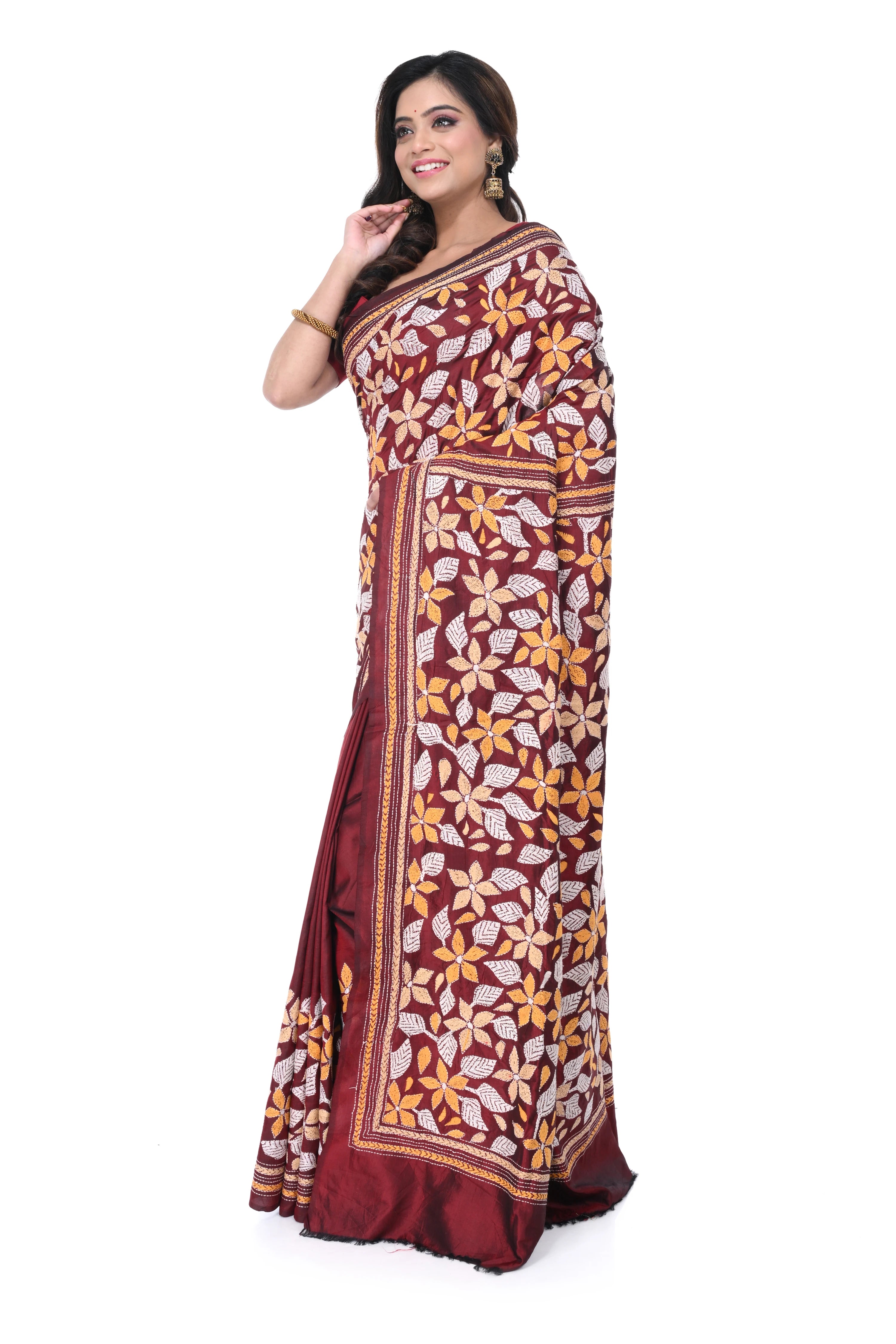 Maroon Pure Silk Kantha Stitch Saree