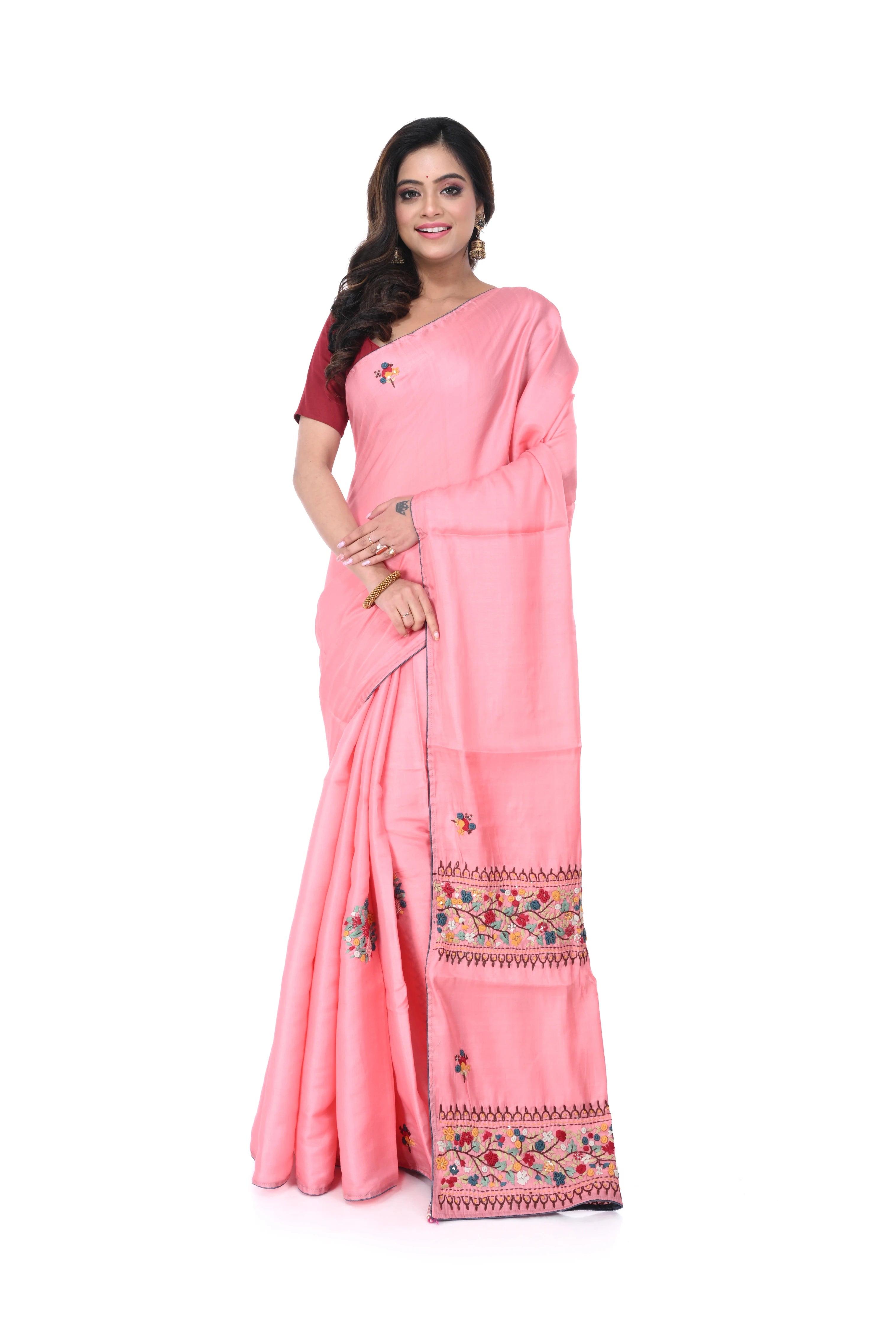 Soft Pink Semi Tussar Saree with Bullion Hand Work