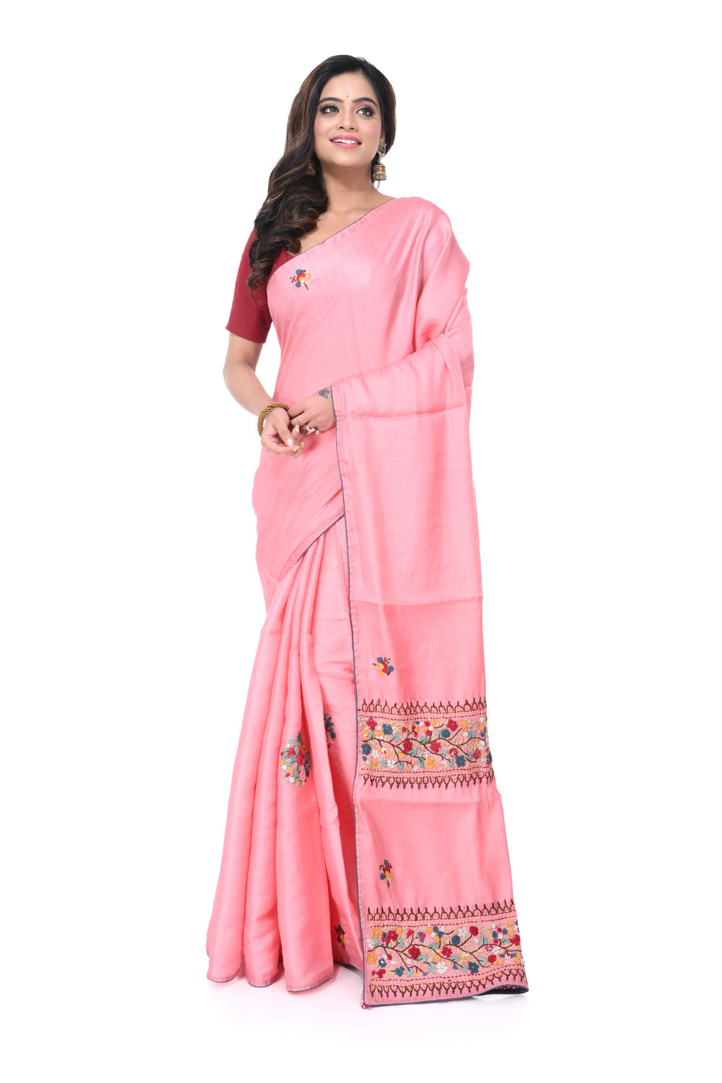 Soft Pink Semi Tussar Saree with Bullion Hand Work