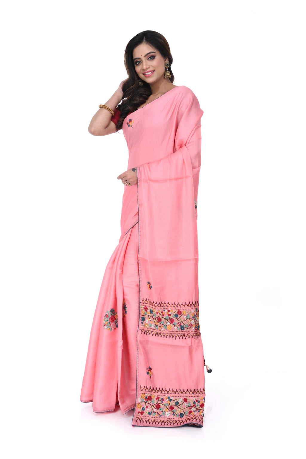 Soft Pink Semi Tussar Saree with Bullion Hand Work