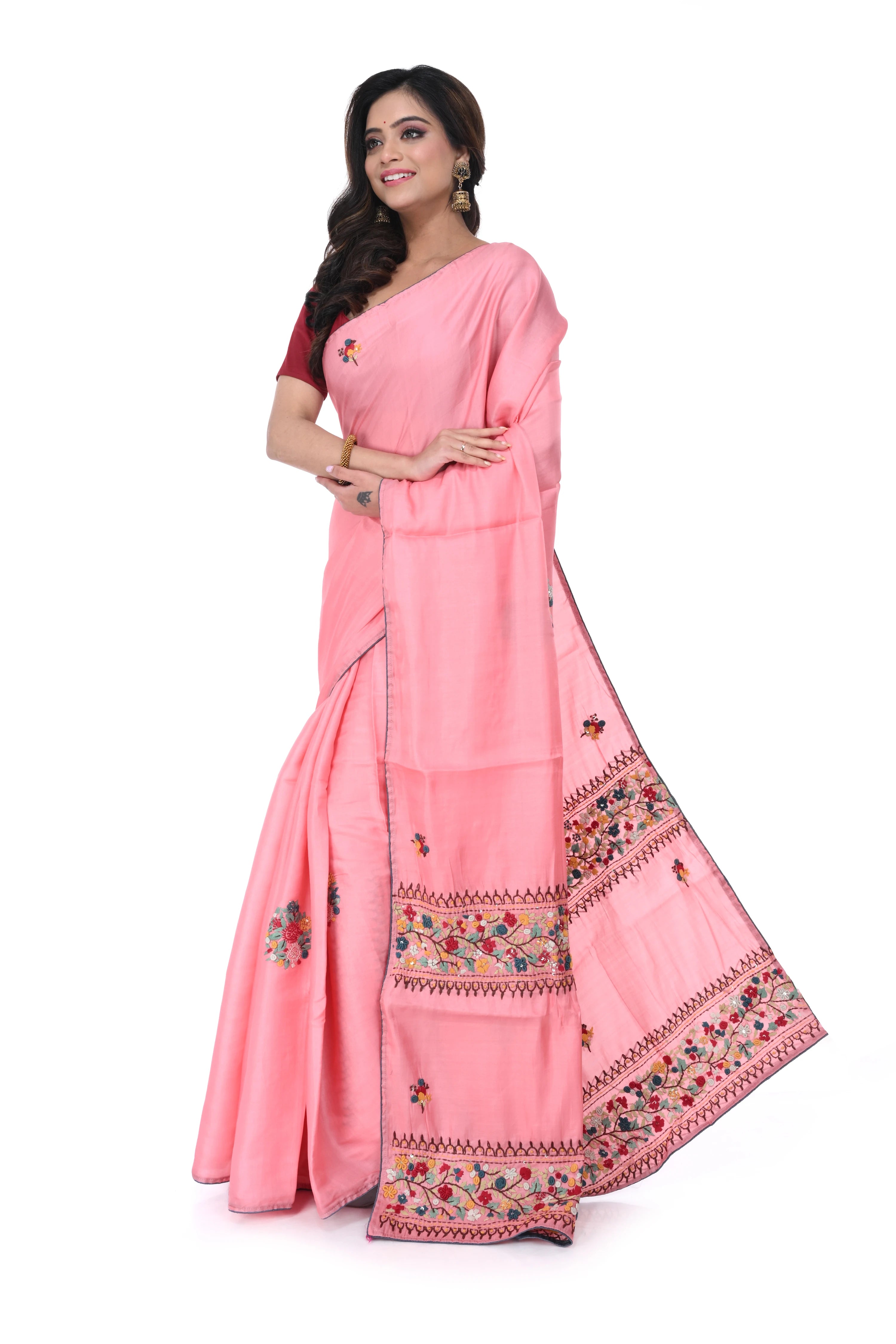 Soft Pink Semi Tussar Saree with Bullion Hand Work