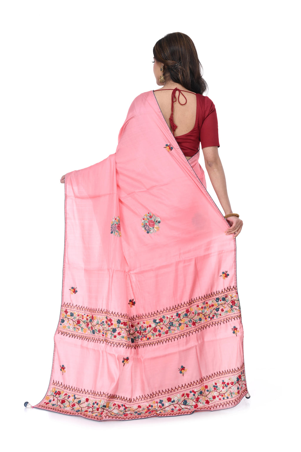 Soft Pink Semi Tussar Saree with Bullion Hand Work
