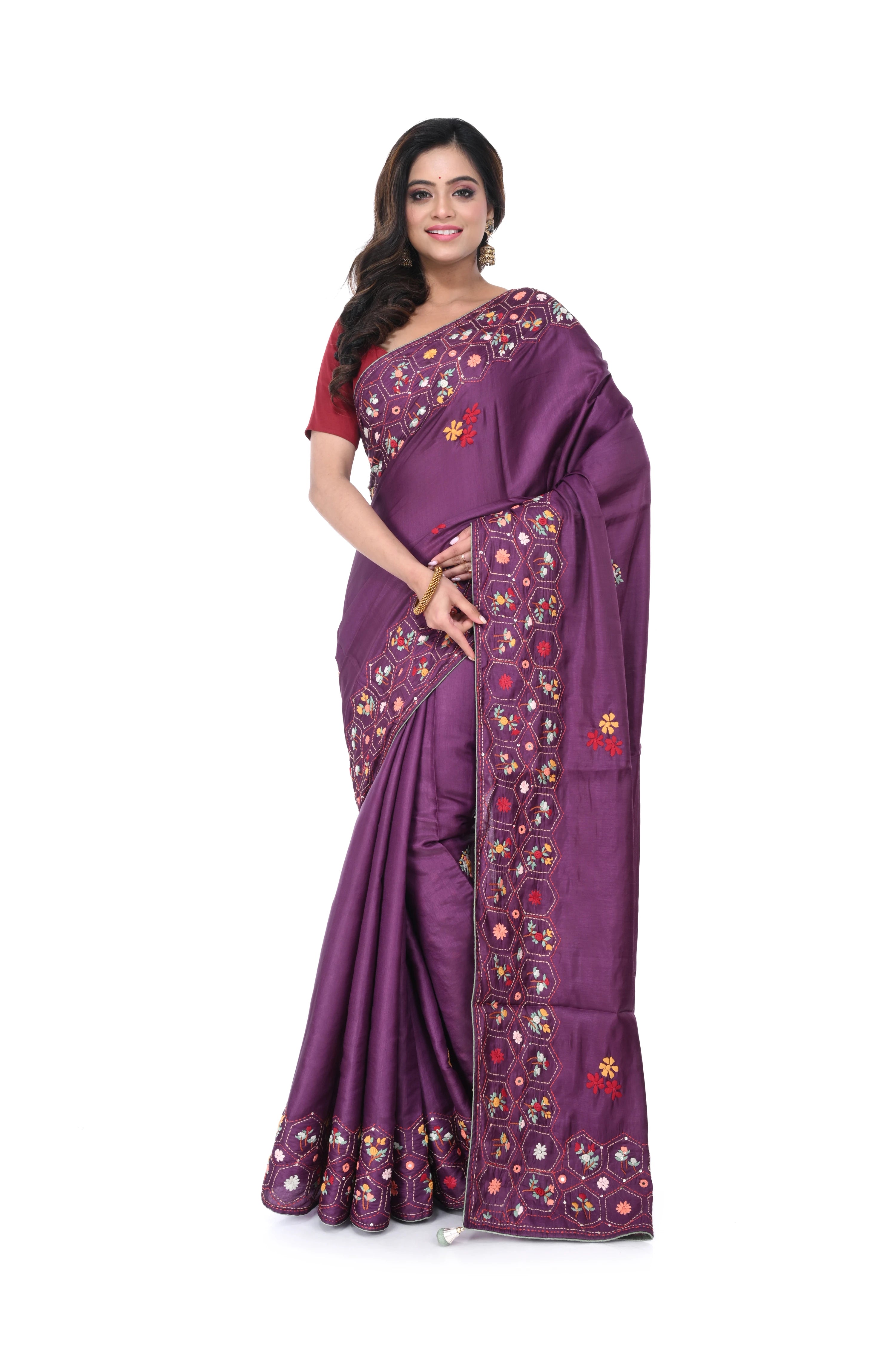 Wine Semi Tussar Saree with Hand Work