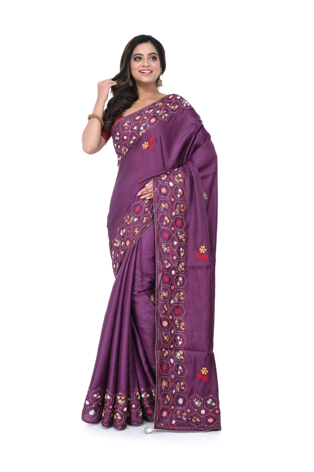 Wine Semi Tussar Saree with Hand Work