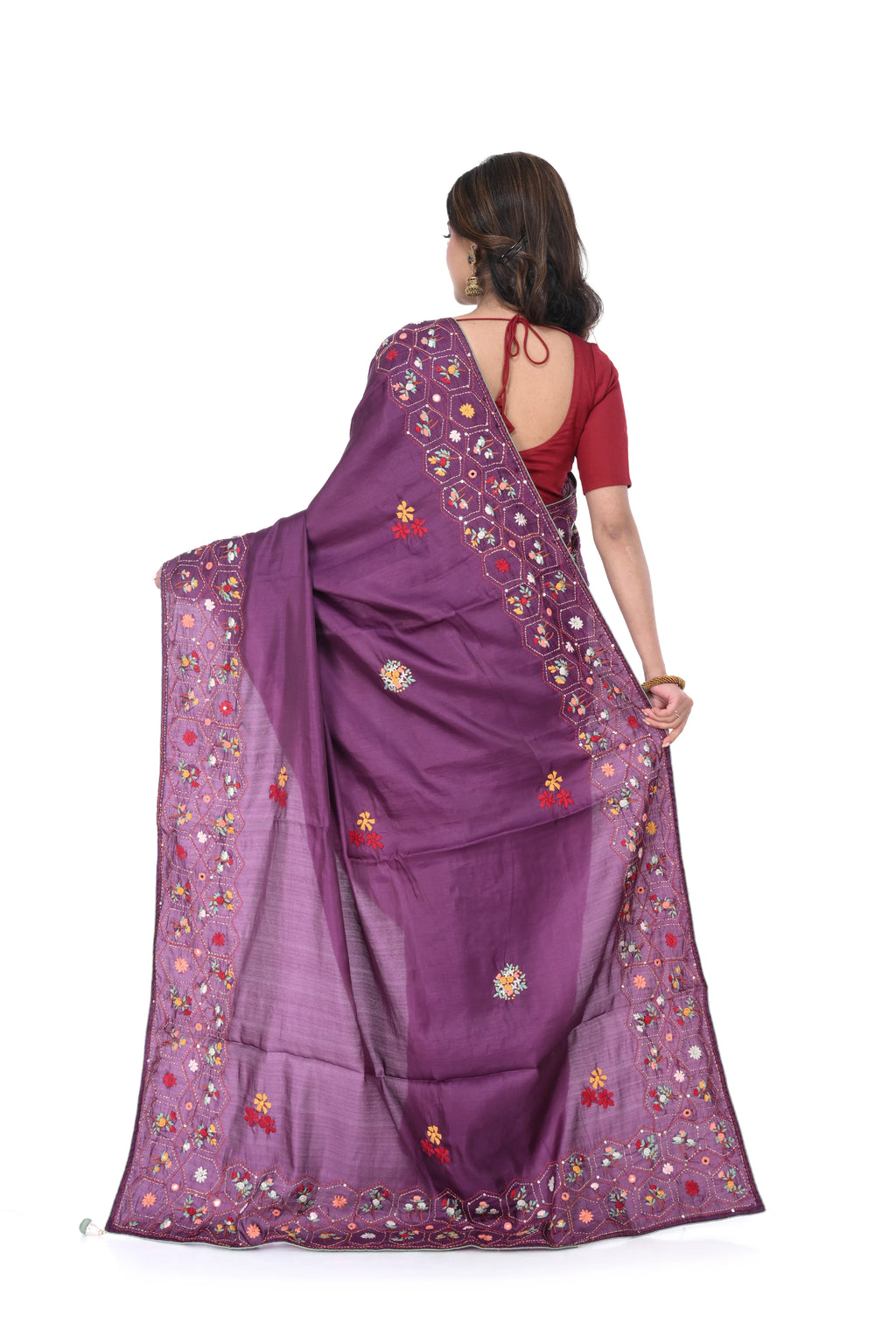 Wine Semi Tussar Saree with Hand Work