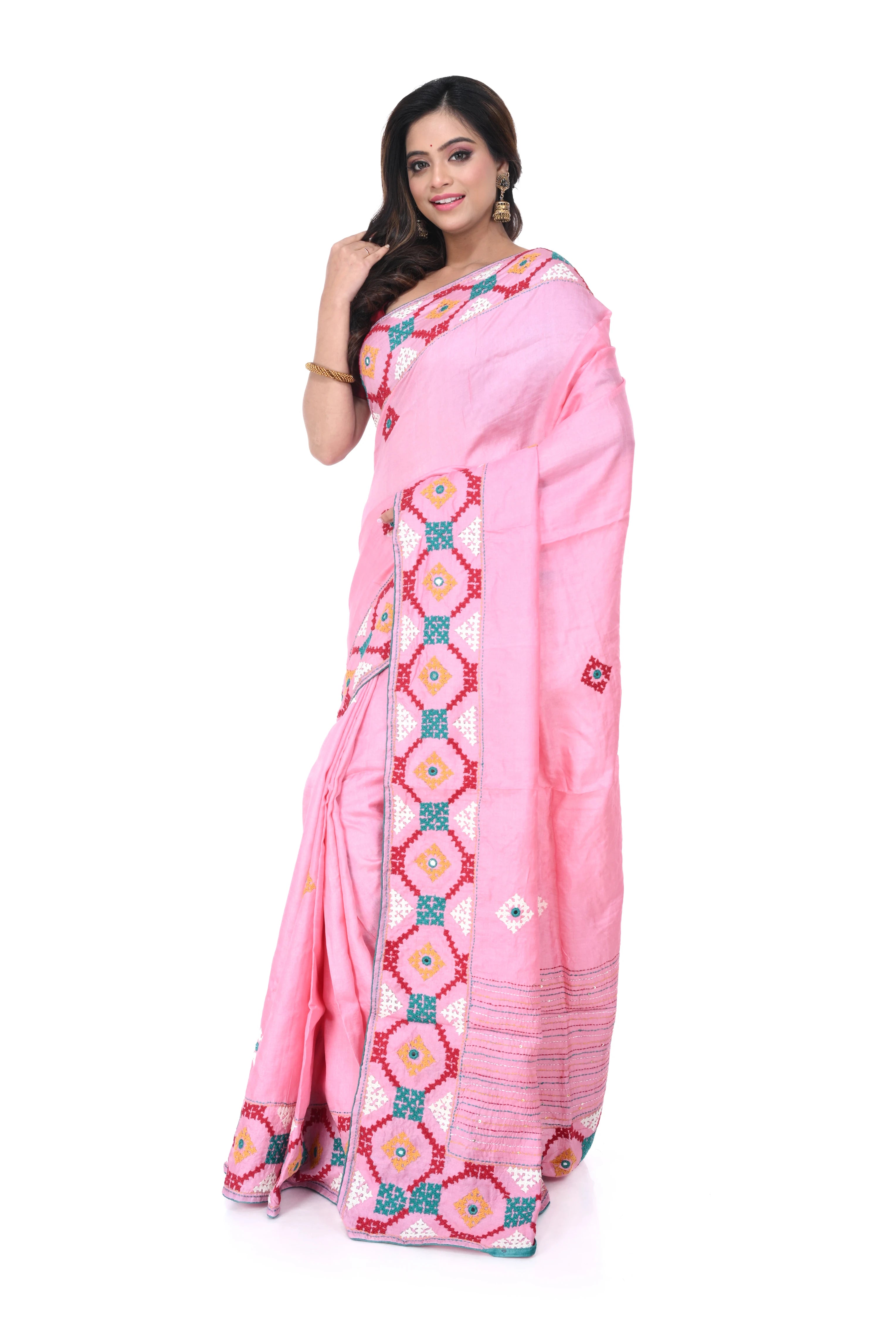 Soft Pink Pure Tussar Saree with Gujarati Work