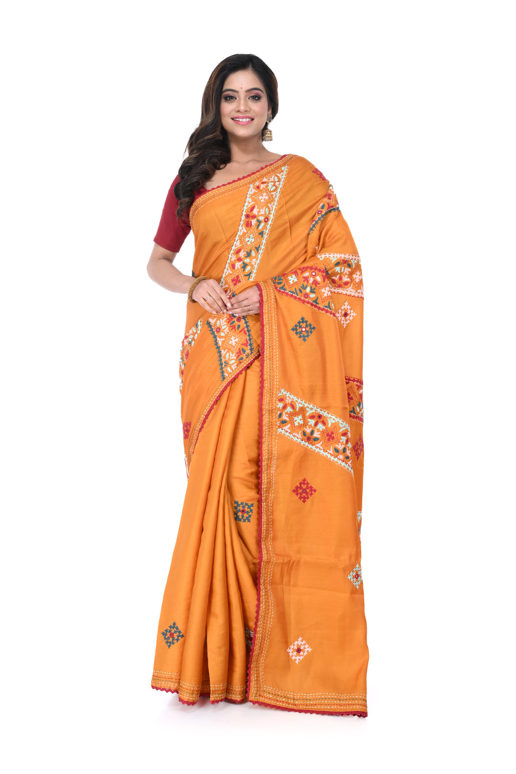Light Orange Semi Tussar Saree with Hand Work