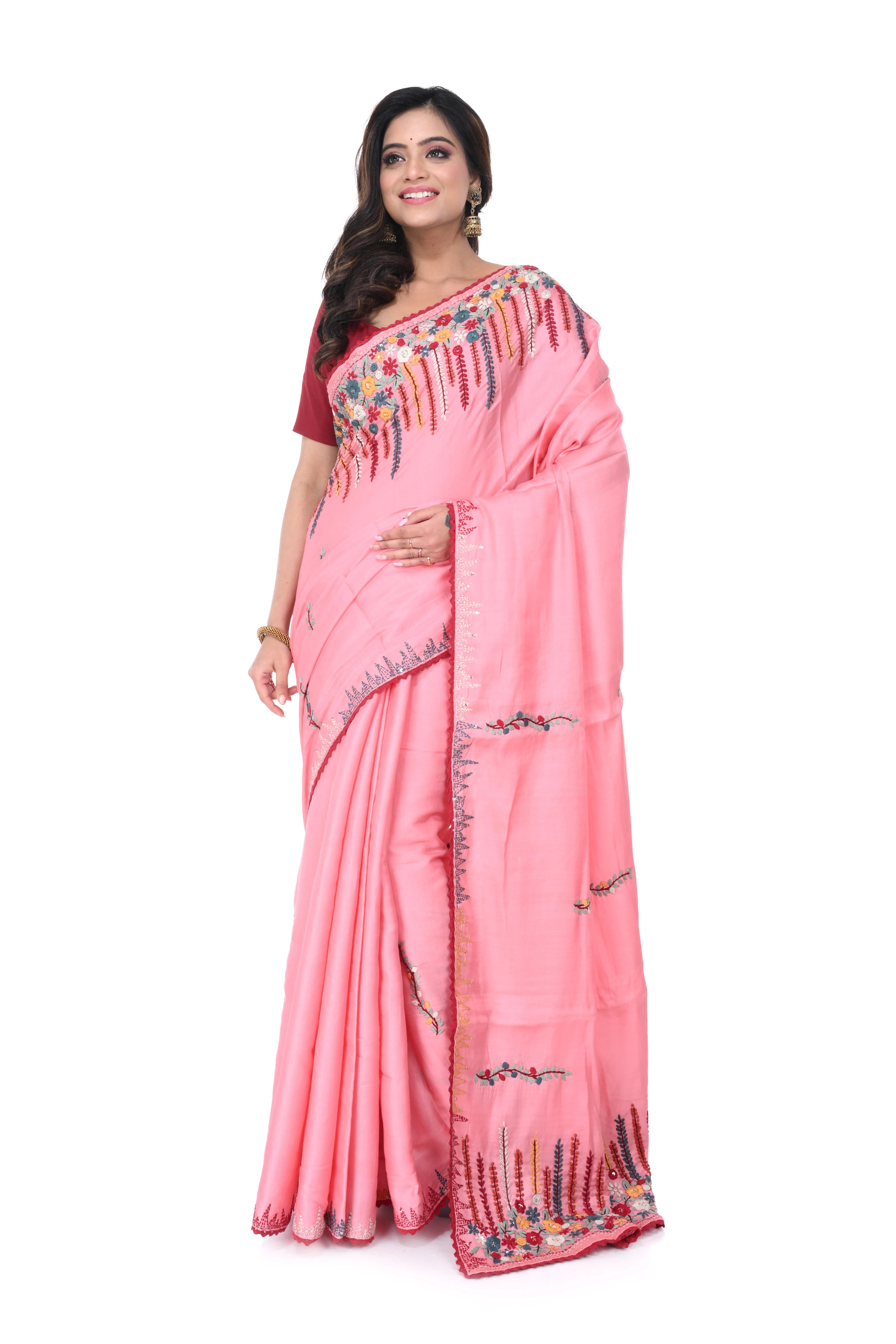 Pink Semi Tussar Saree with Heavy Hand Work on Pallu & Border