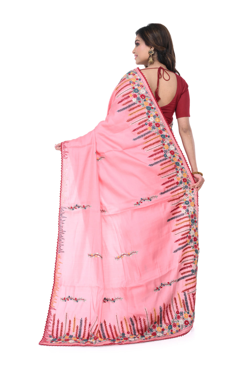 Pink Semi Tussar Saree with Heavy Hand Work on Pallu & Border