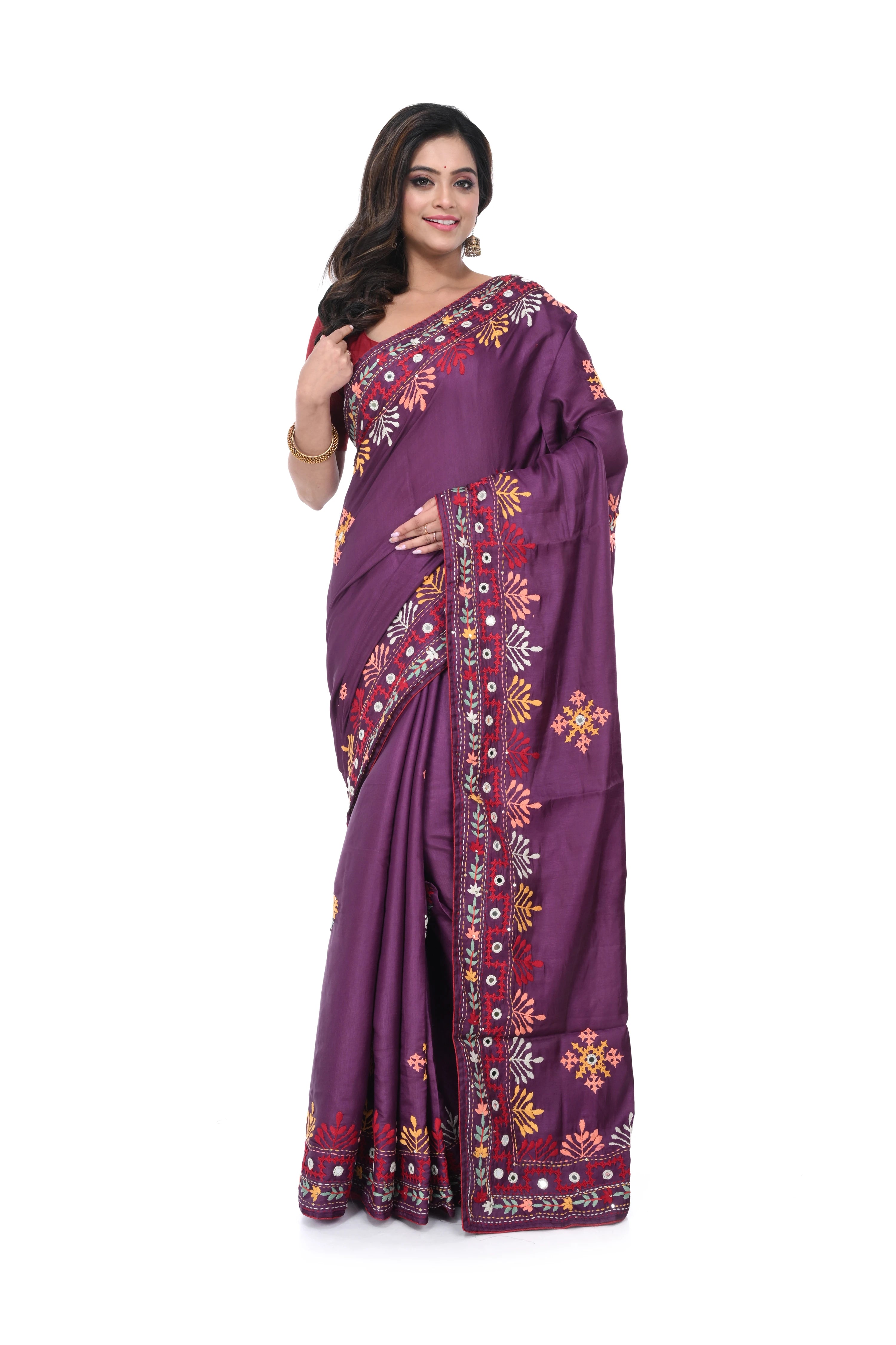 Wine Semi Tussar Saree with Distinctive Hand Work