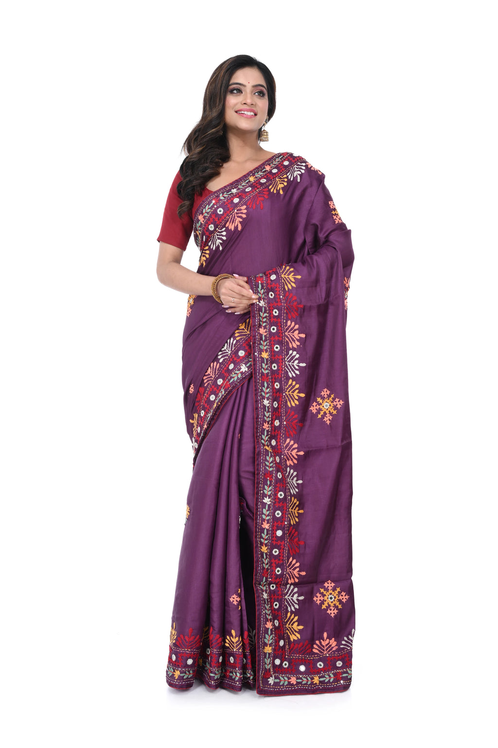 Wine Semi Tussar Saree with Distinctive Hand Work