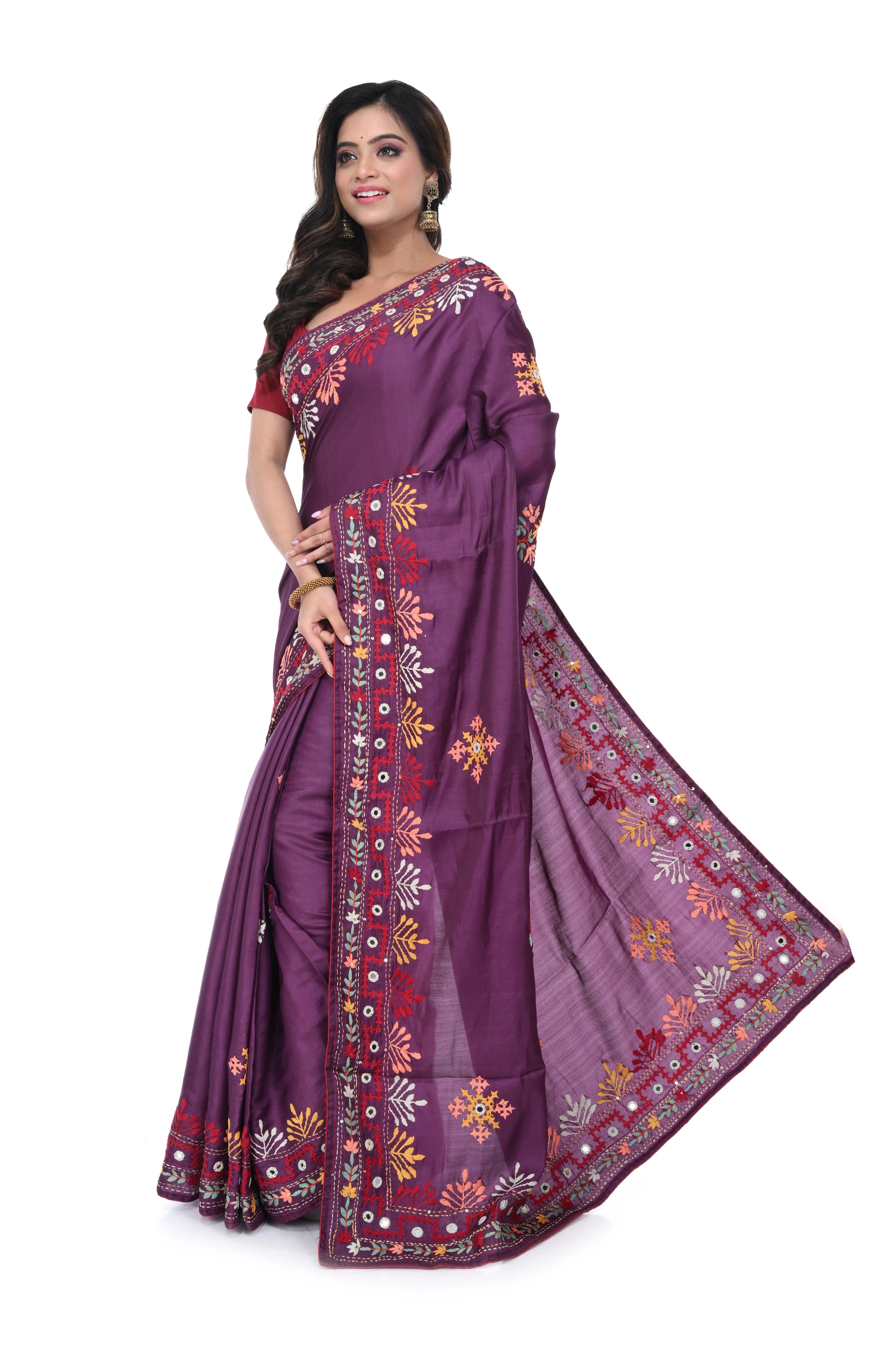 Wine Semi Tussar Saree with Distinctive Hand Work